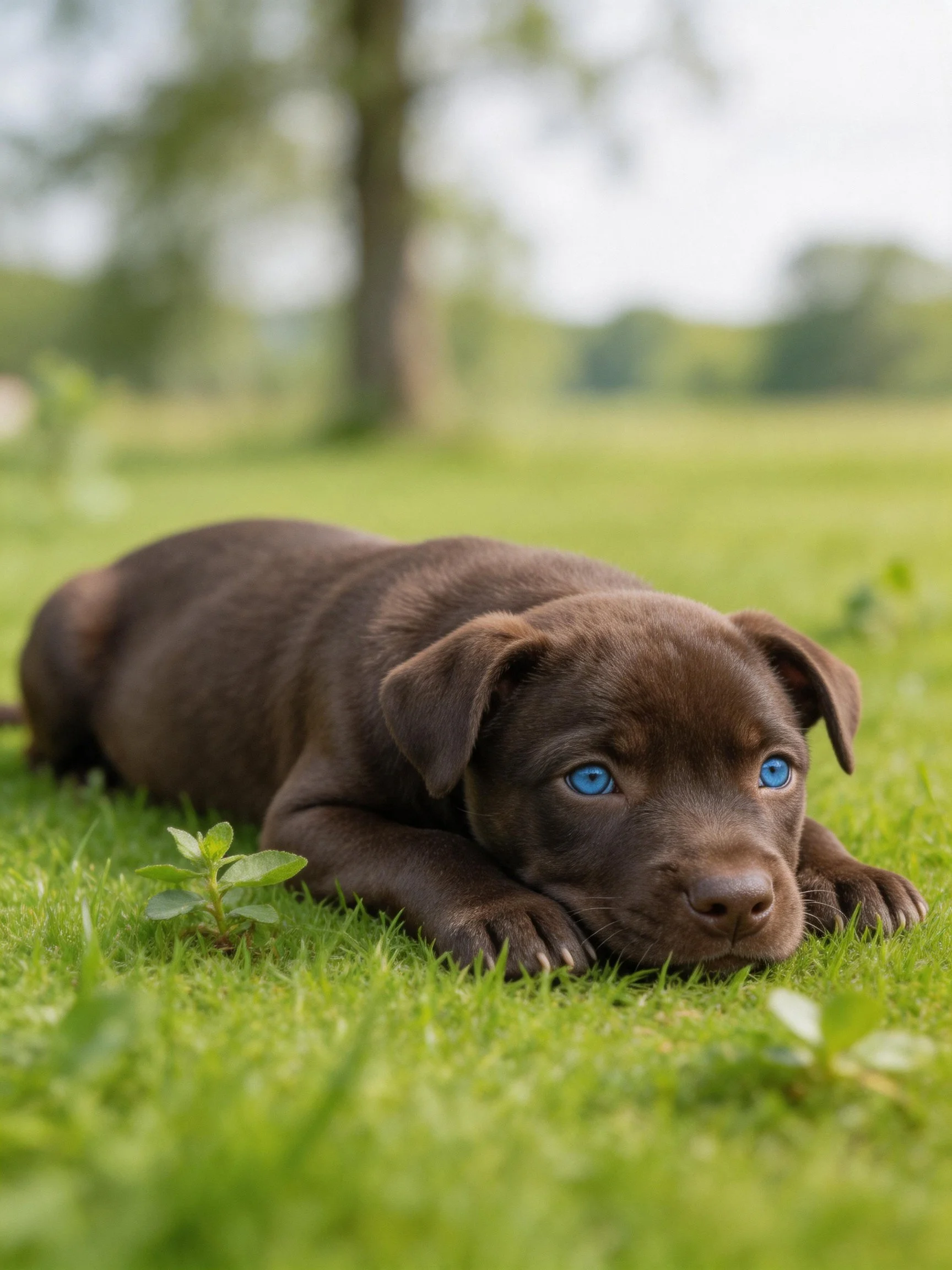 A dark brown puppy with blue eyes rests on green grass in a peaceful outdoor setting.