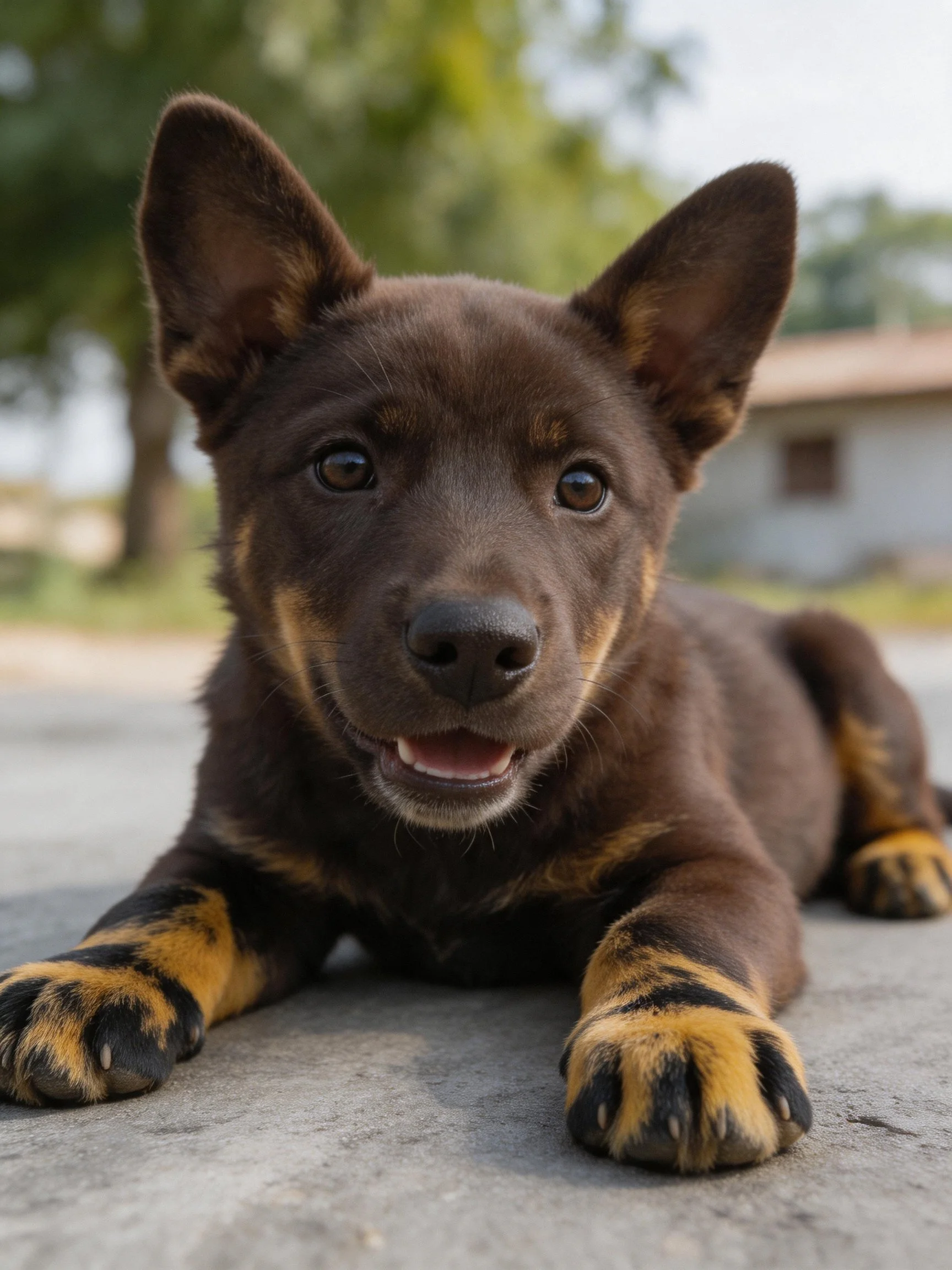 A dark brown puppy with tan markings lies on a concrete surface