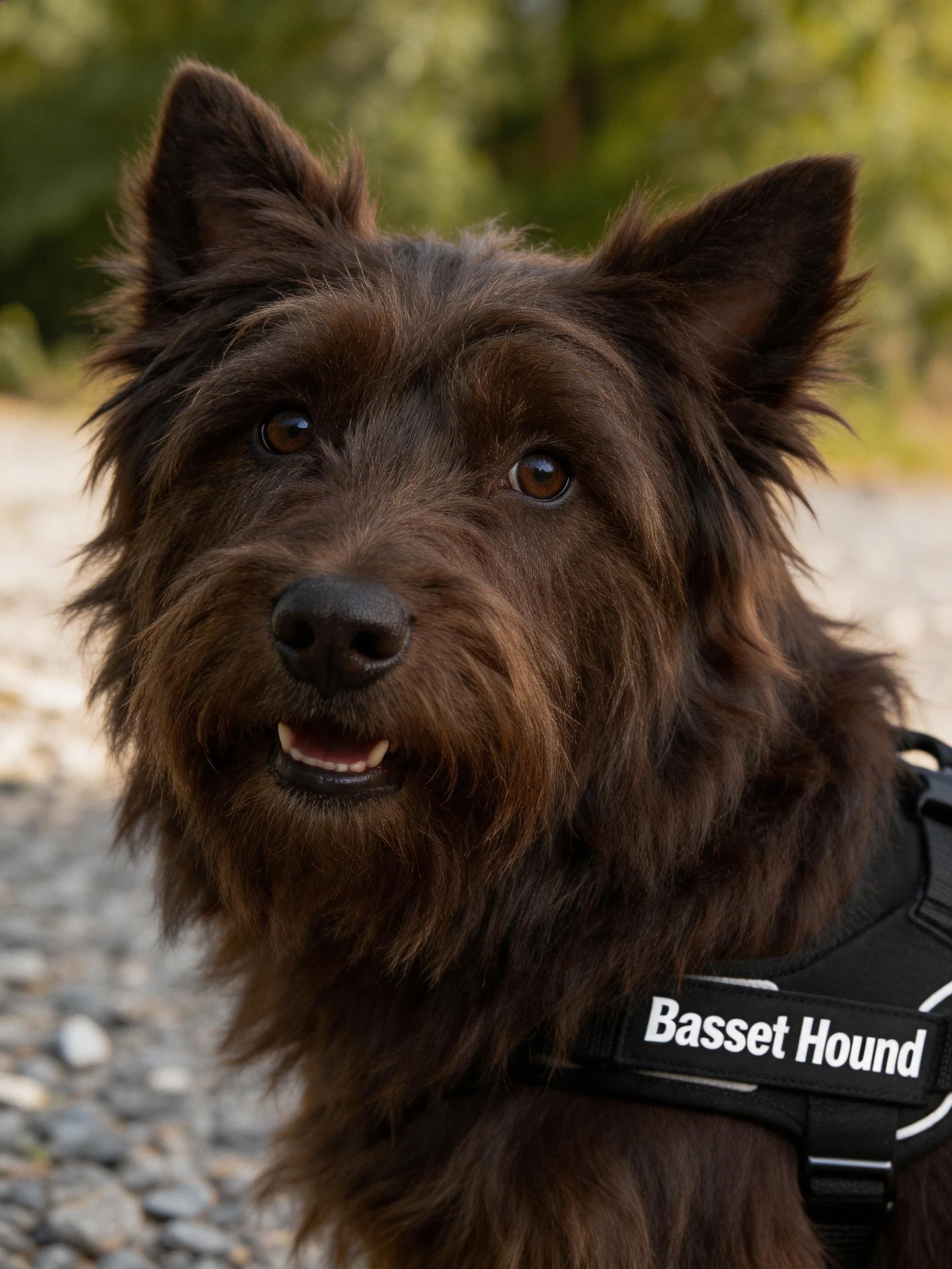 A dark brown shaggy dog in an outdoor Basset Hound harness