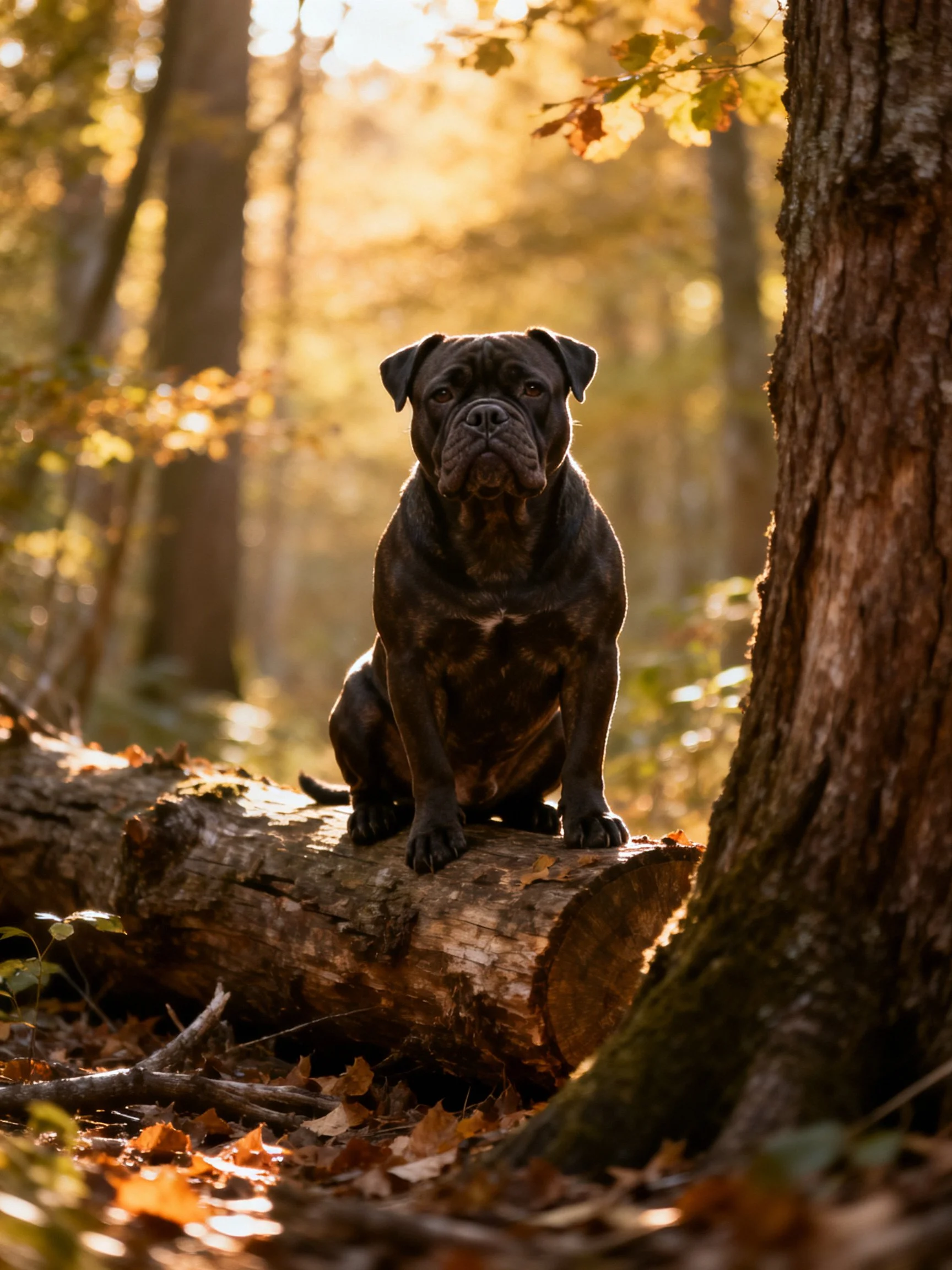 A dark-coated dog sits on a log in sunlit autumn woods