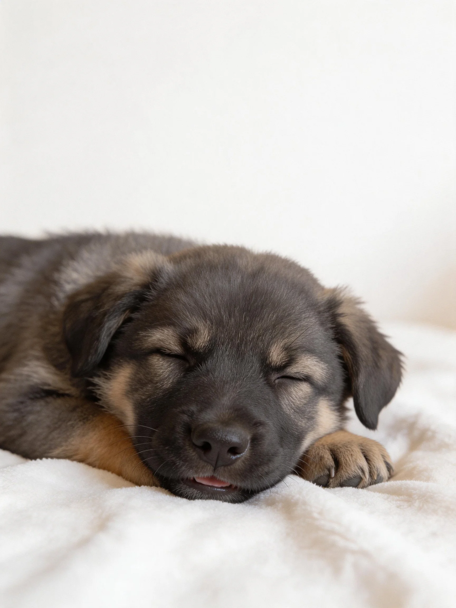 A dark-furred puppy sleeps soundly on a soft white blanket.