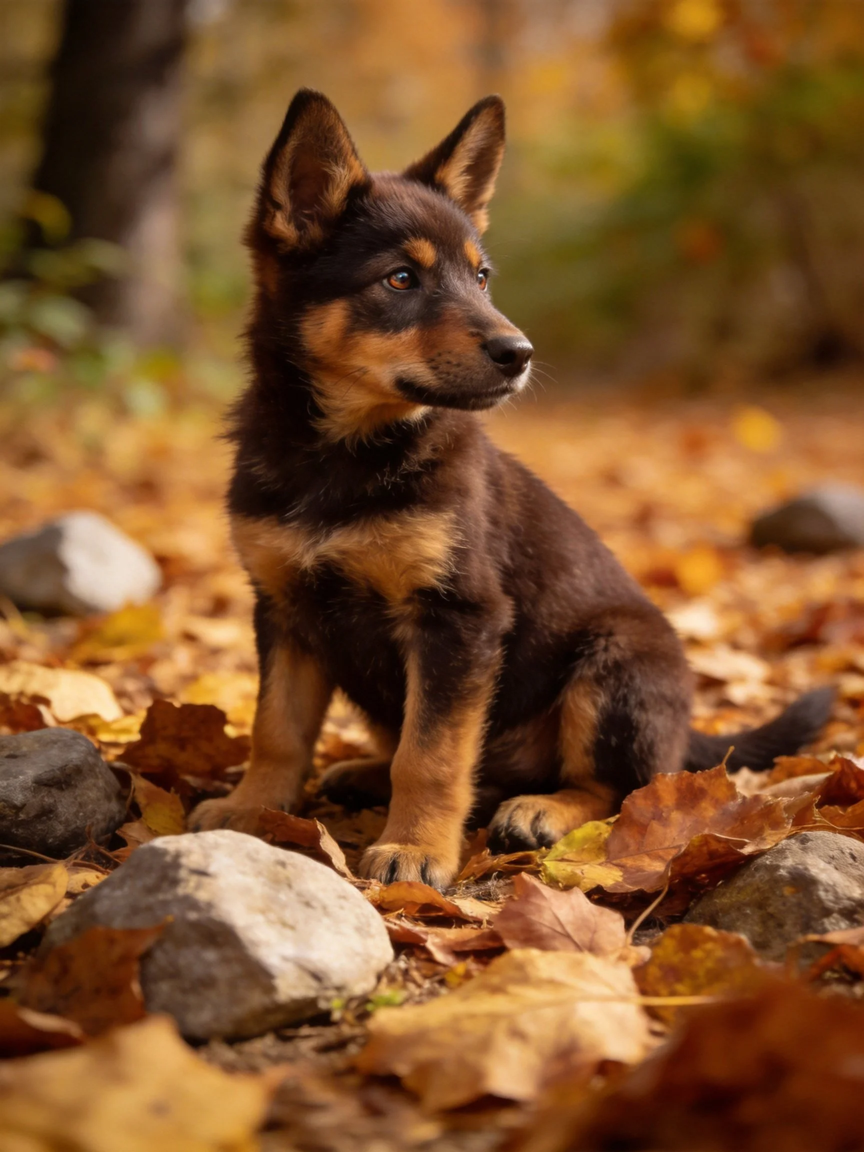 A puppy sits calmly among fallen autumn leaves and rocks.