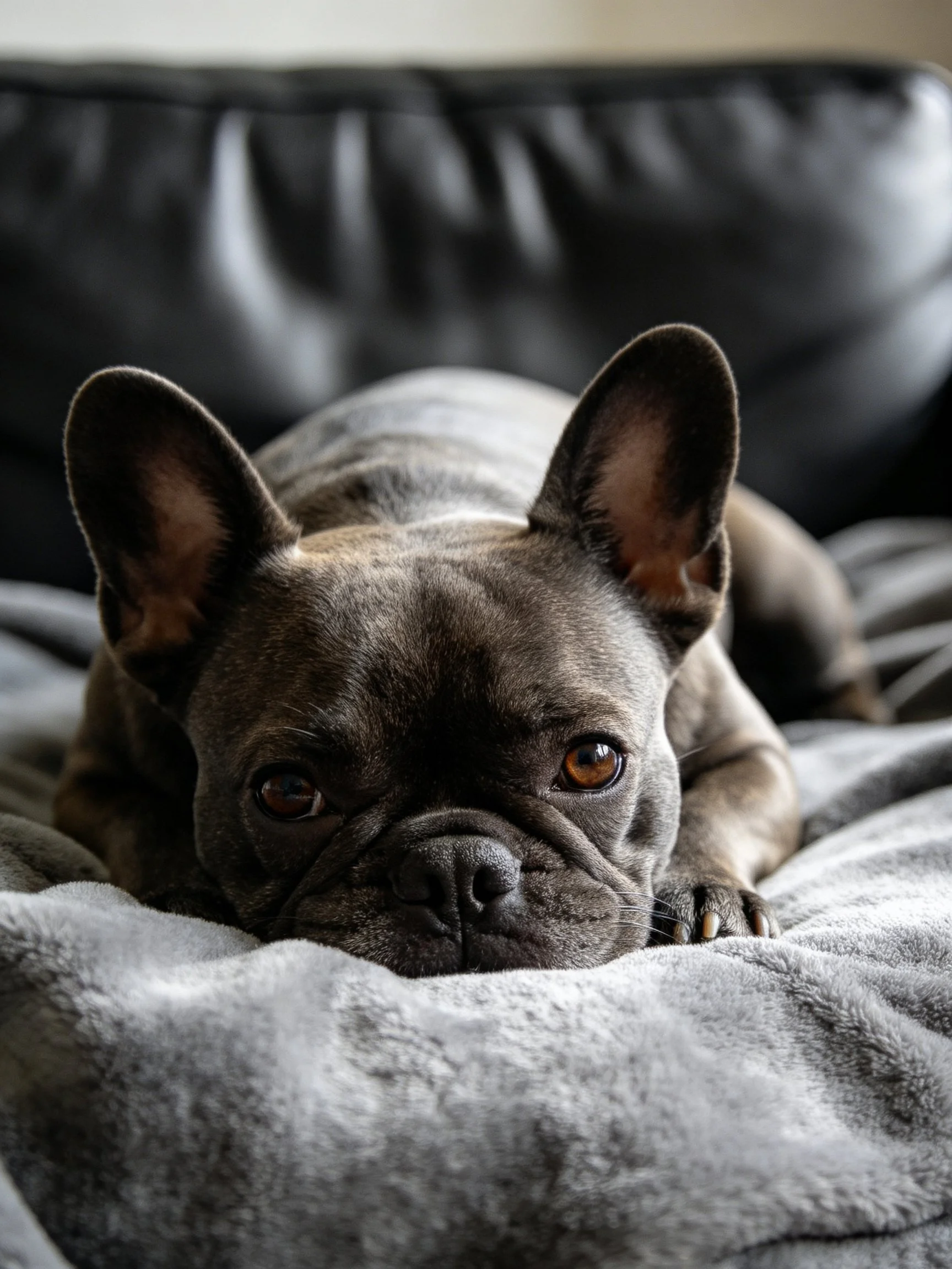 A dark gray French bulldog relaxes on a soft blanket next to a black couch.