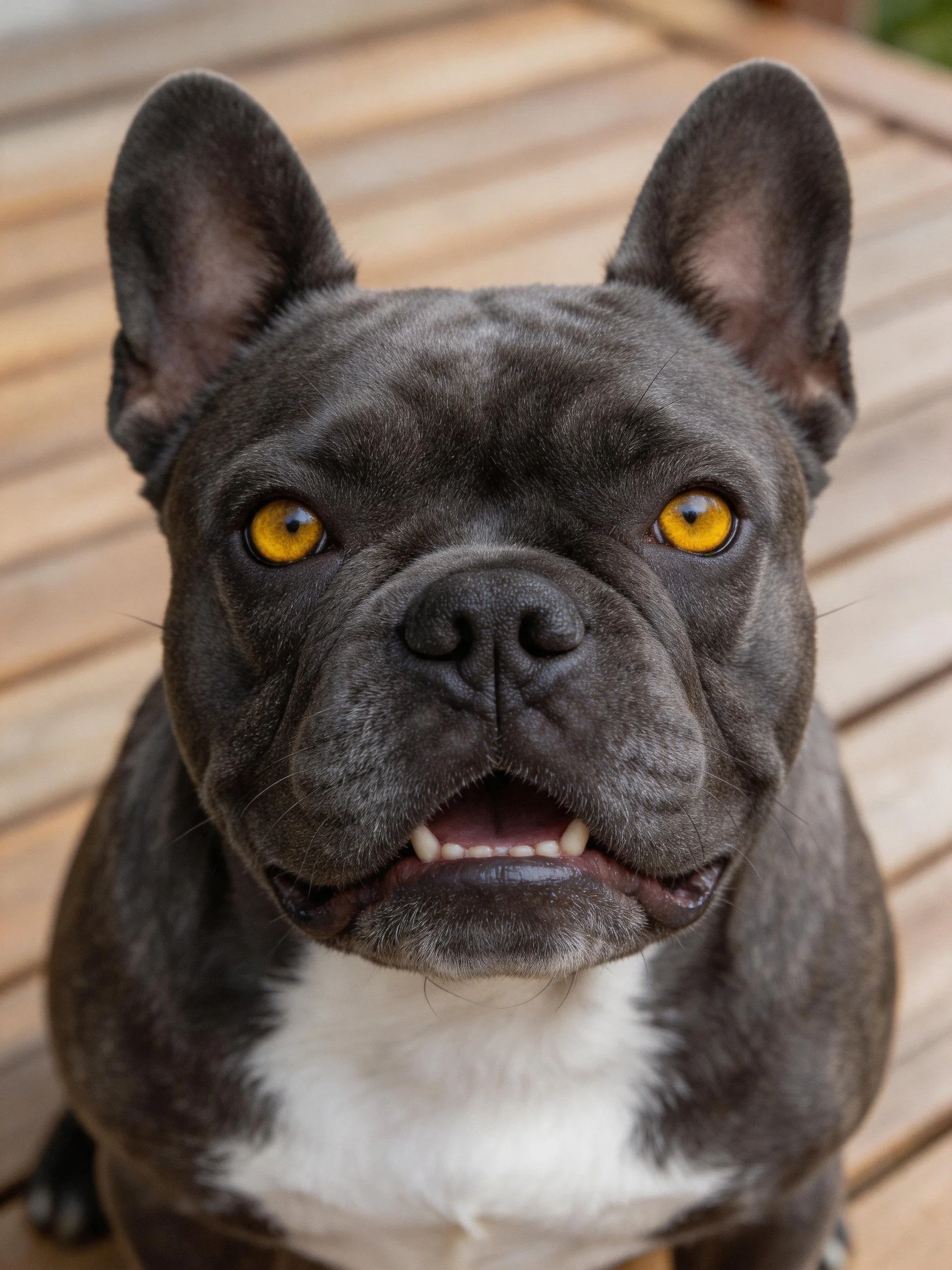 A dark gray French bulldog with bright yellow eyes