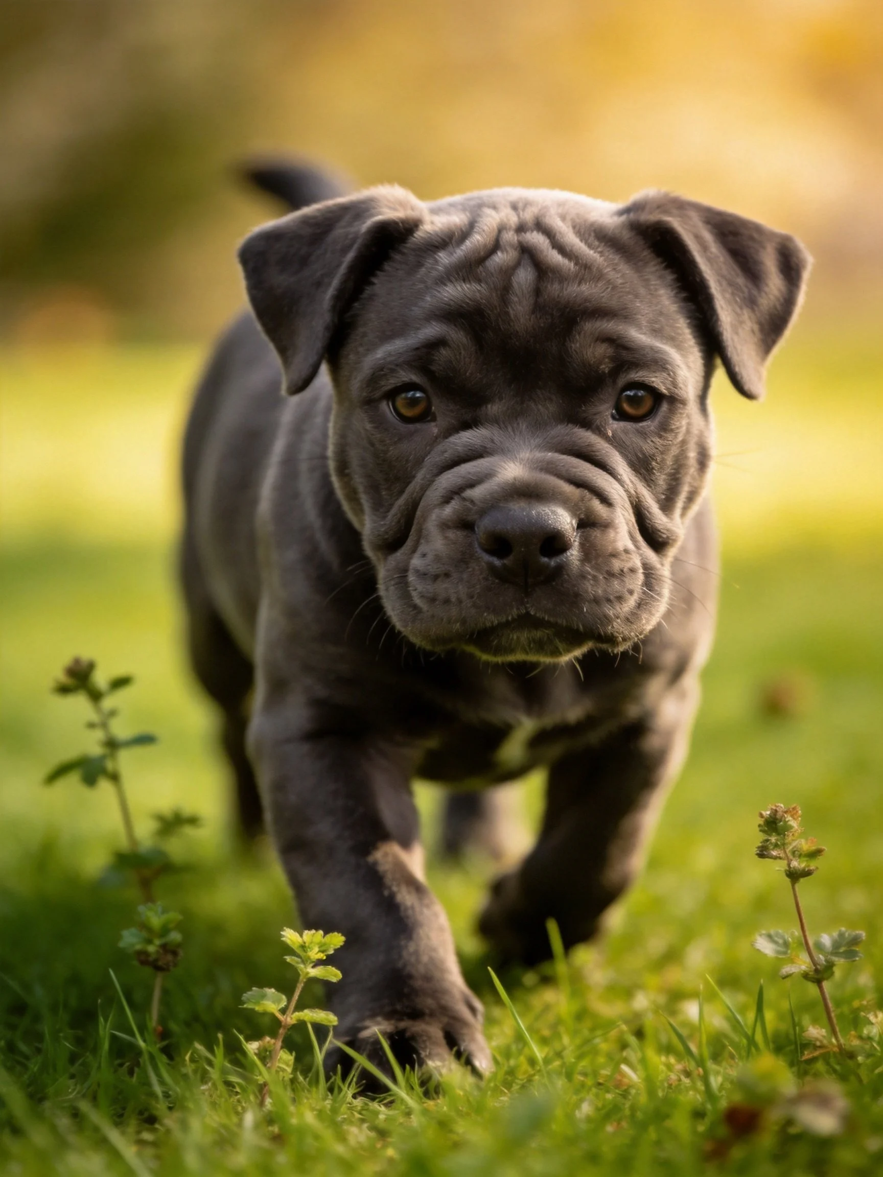A dark gray puppy moves through green grass in a sunlit outdoor area.