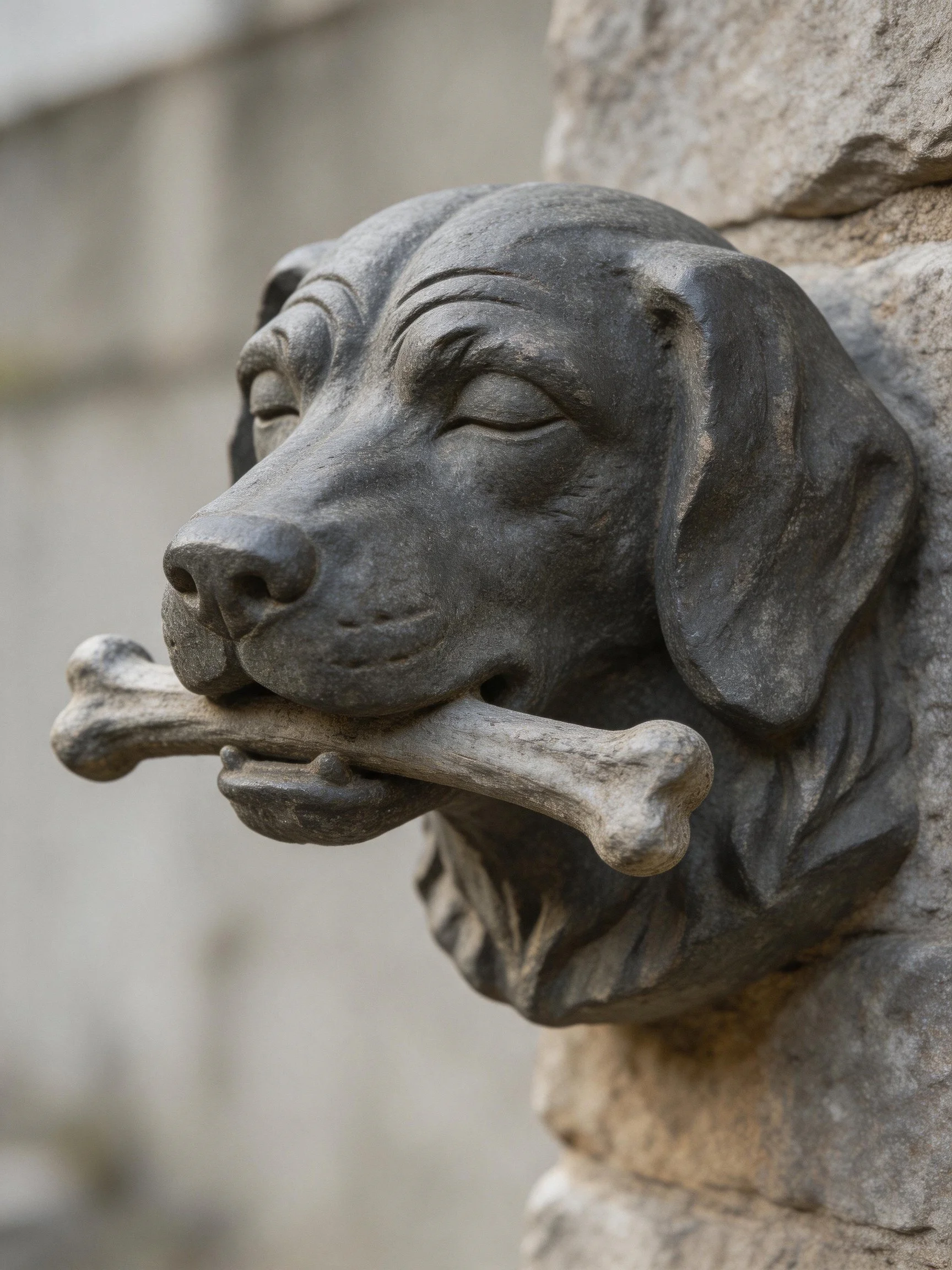 A stone dog sculpture holds a large bone near a stone wall.