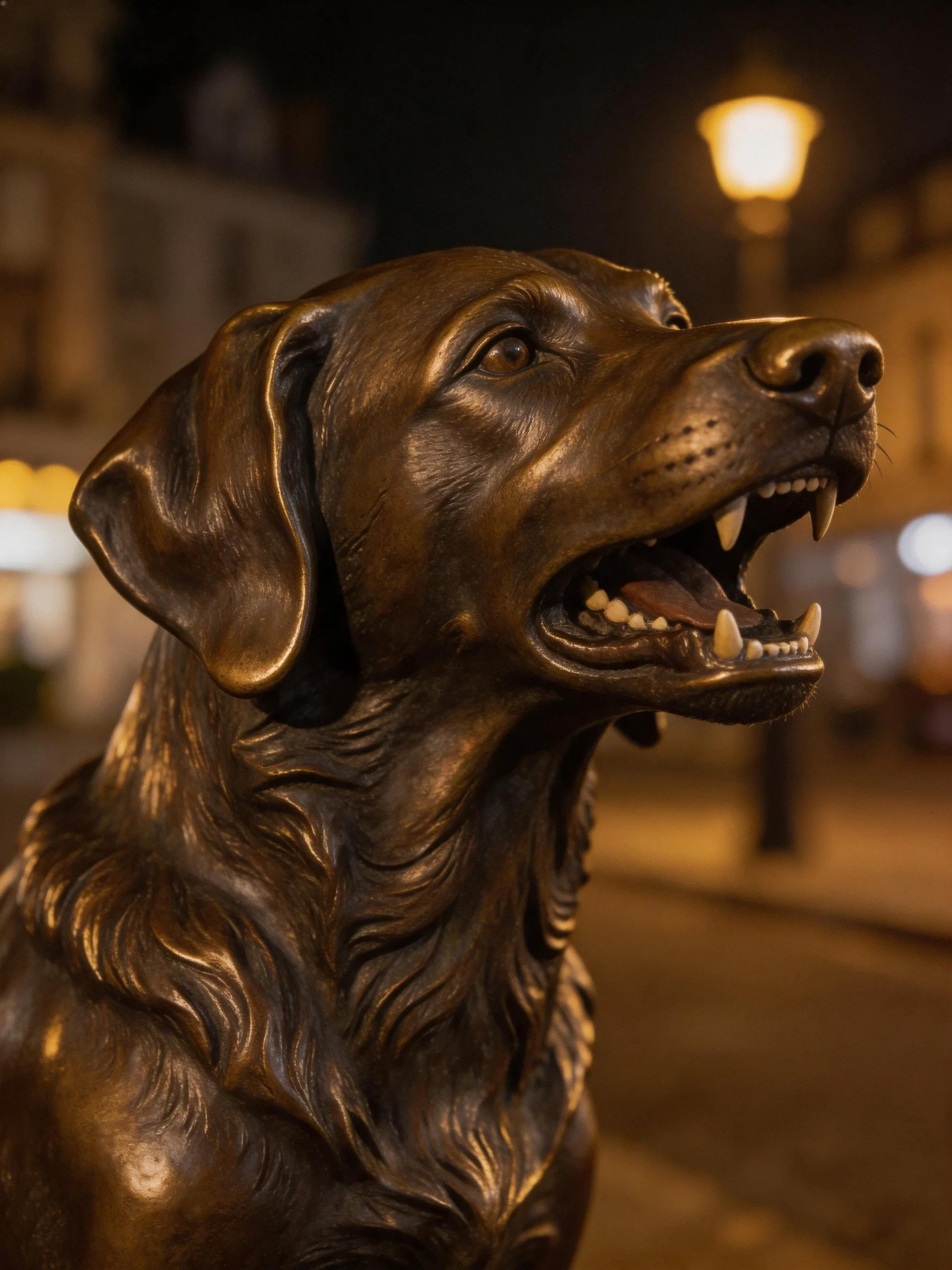 A bronze dog statue displayed outdoors during nighttime