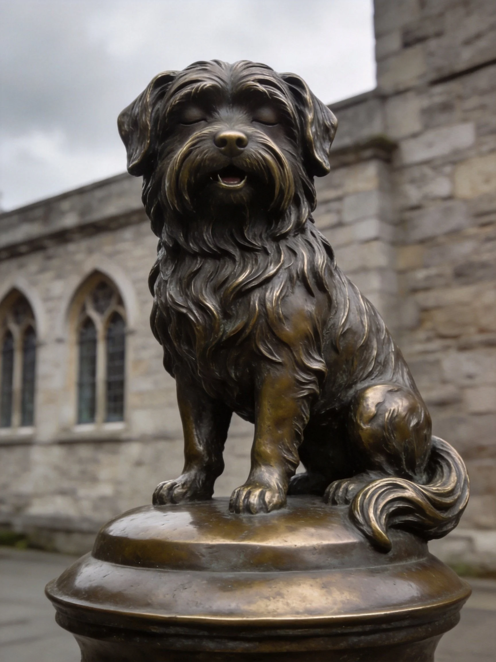 A detailed bronze statue of a seated dog near a historic stone building