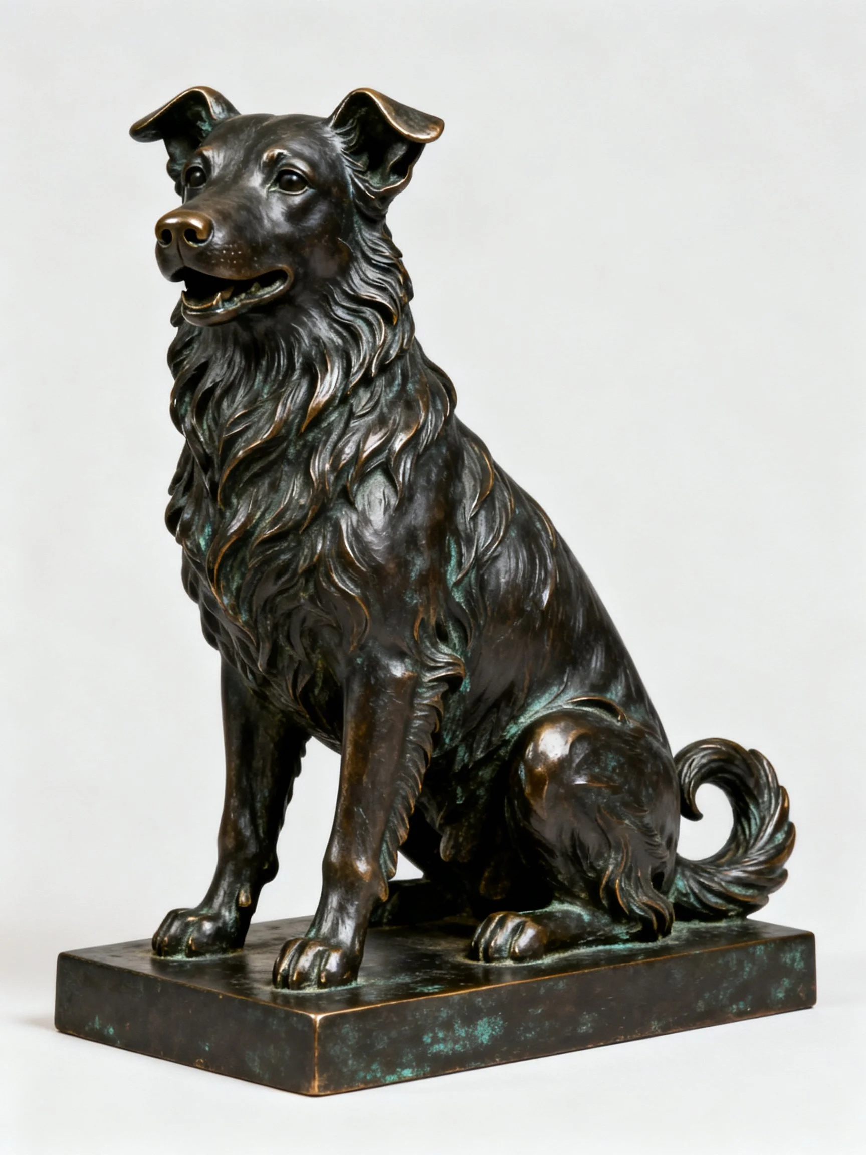A detailed bronze statue of a seated dog with long fur
