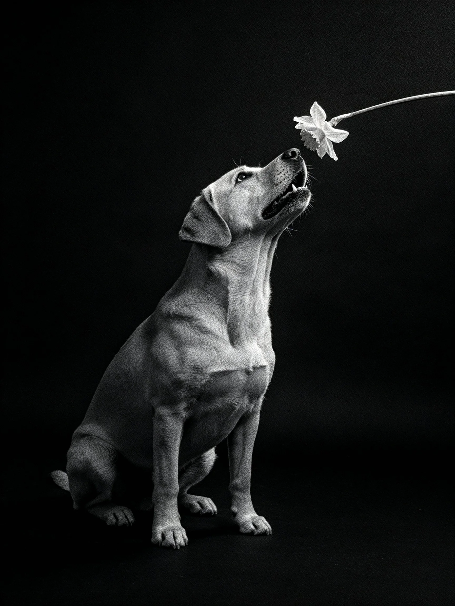 A dog gazes upward at a single flower in a stark black environment