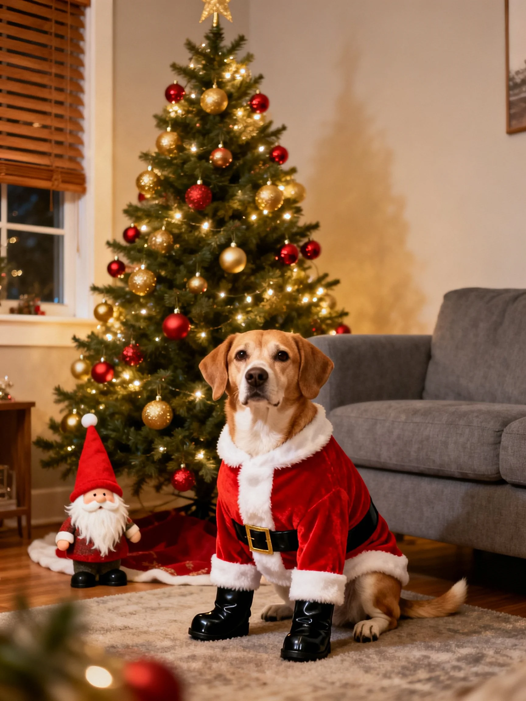A dog in a Santa costume sits near a decorated Christmas tree