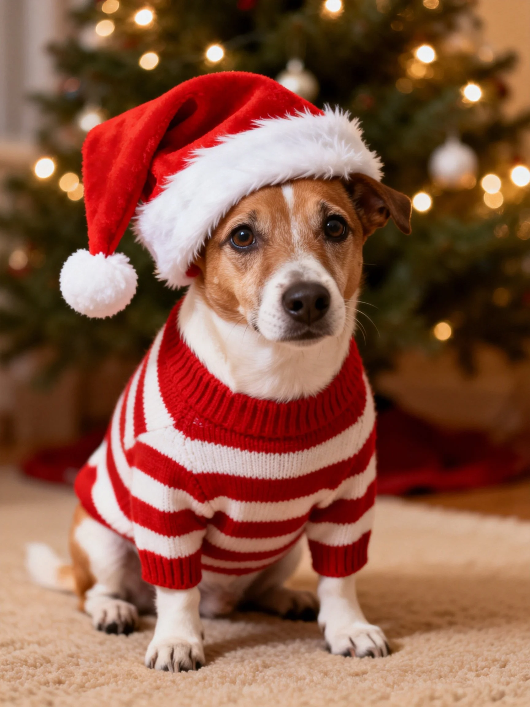 A dog dressed for Christmas sits near a decorated tree.