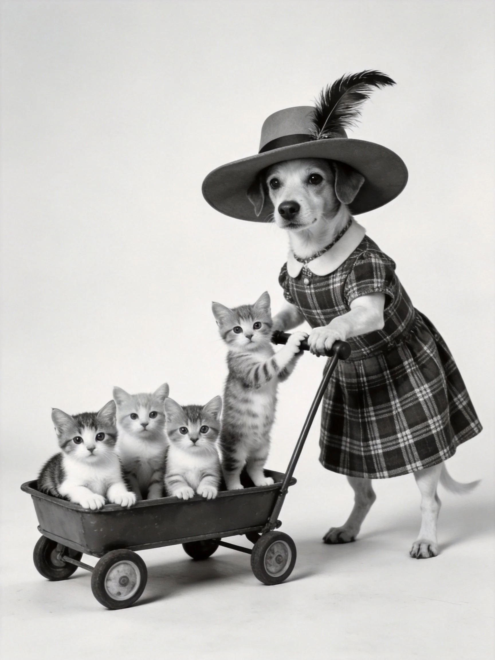 A dog in a plaid dress pushes a small cart with four kittens