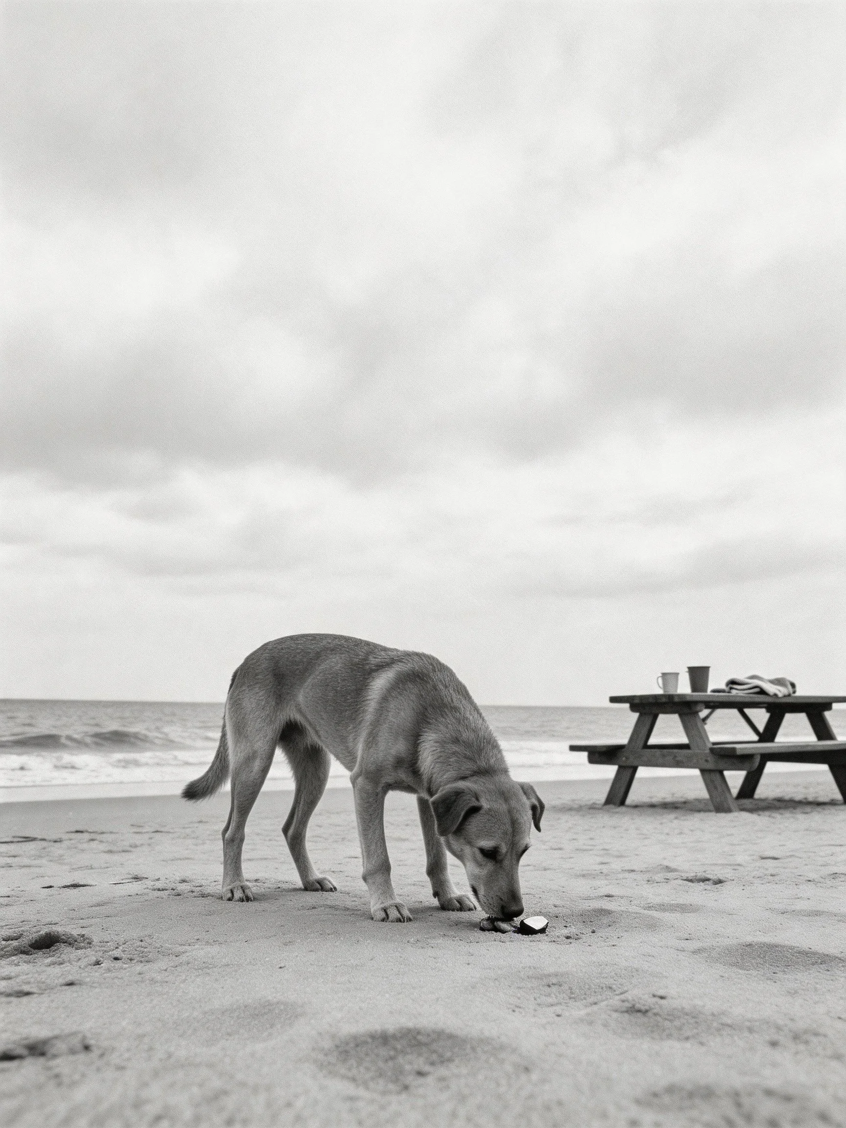 A dog sniffs seashells on a sandy beach with an empty picnic table nearby.