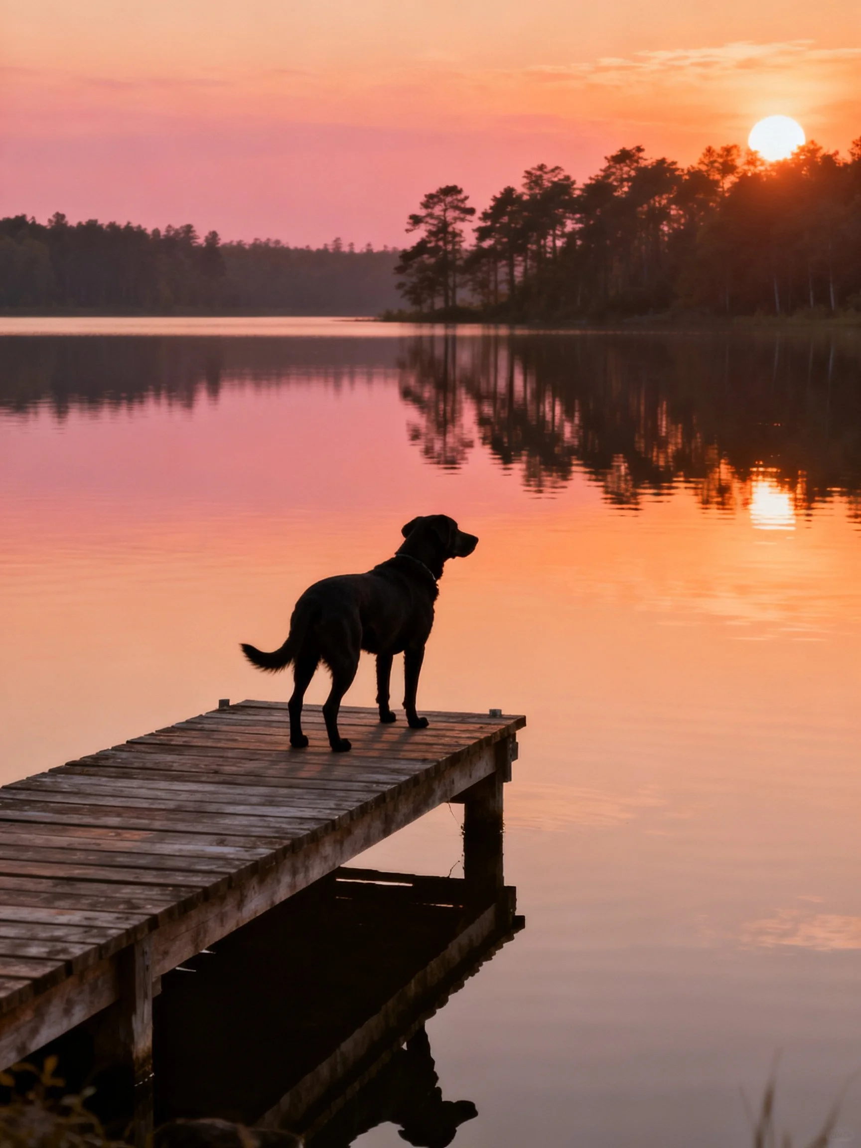 A dog observes a colorful sunset reflected in calm lake water from a wooden dock.