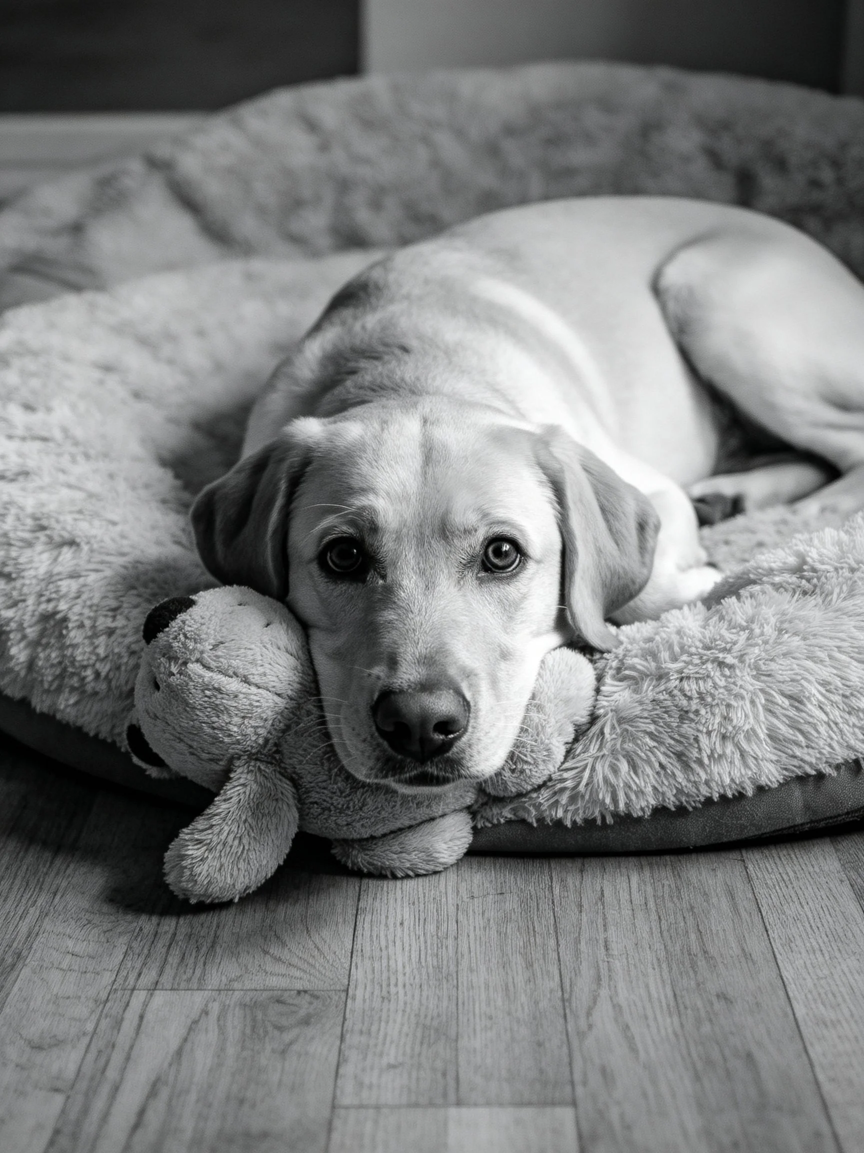 A dog resting in a plush bed with a stuffed toy