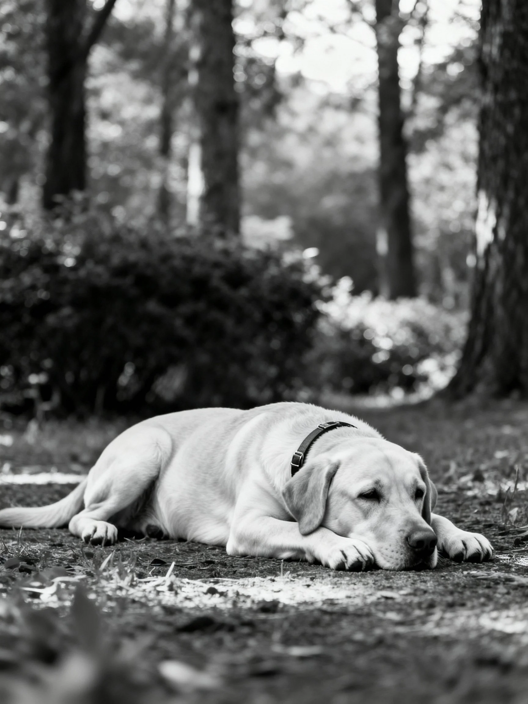 A dog resting on forest ground amid tall trees and shrubs