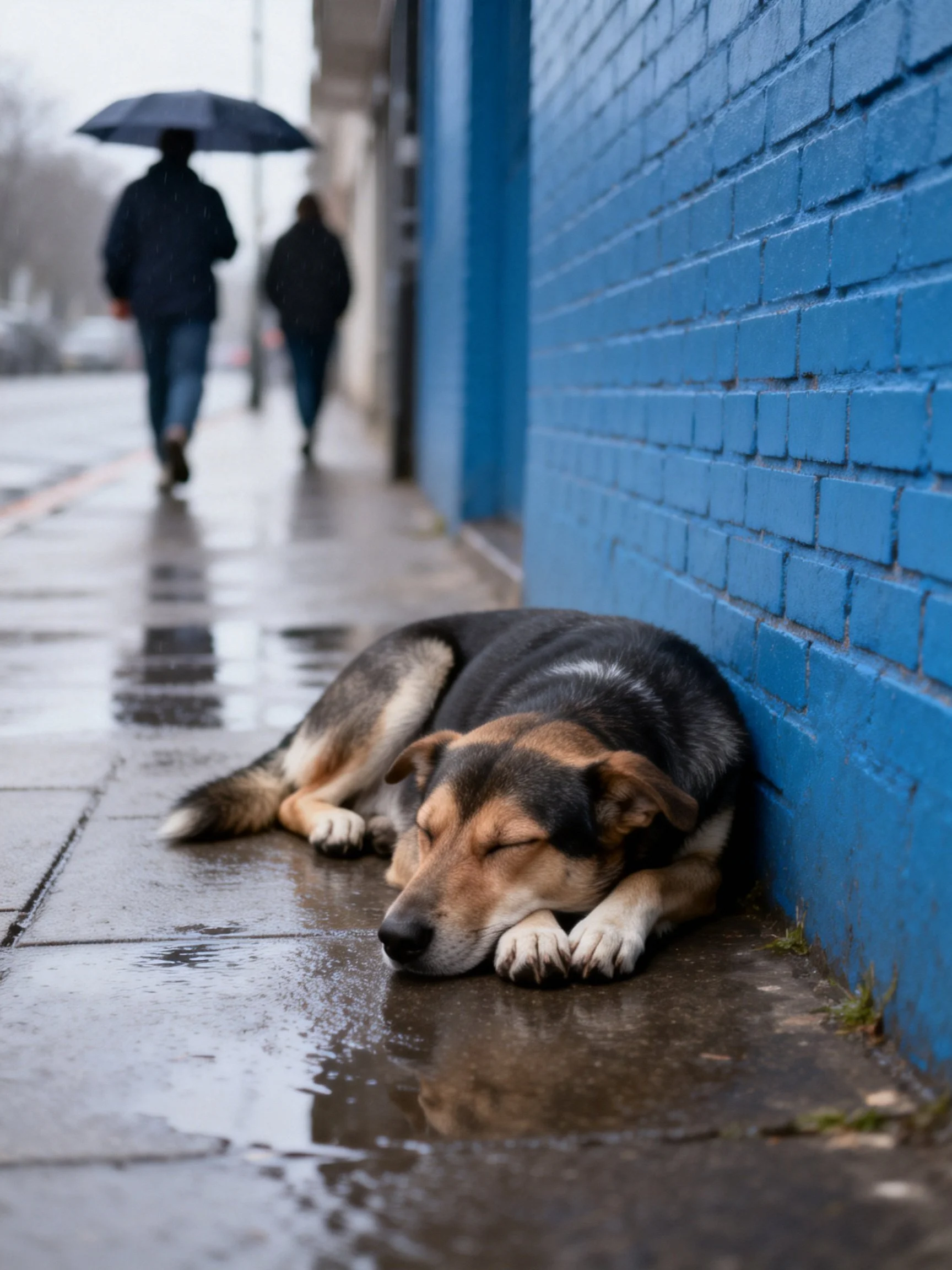 A dog sleeps near a blue brick wall as pedestrians walk in the rain.