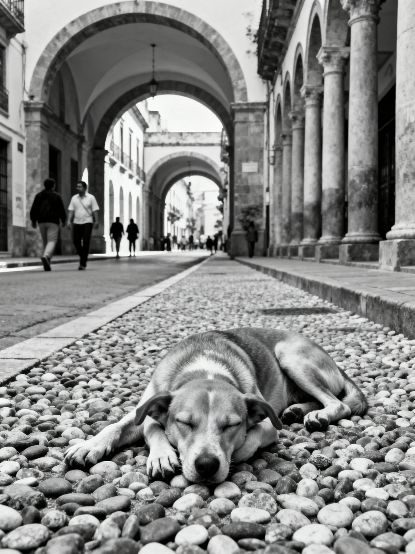 A dog rests on a pebbled street near historic arches