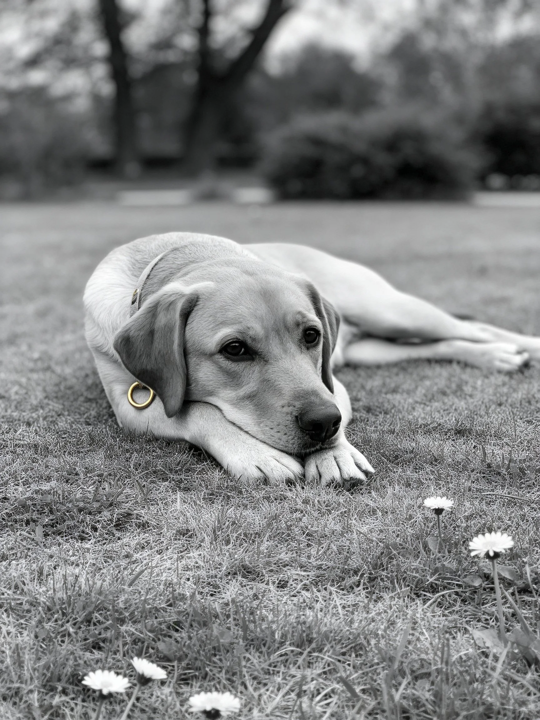 A dog lies on grass near flowers in a serene monochrome park.