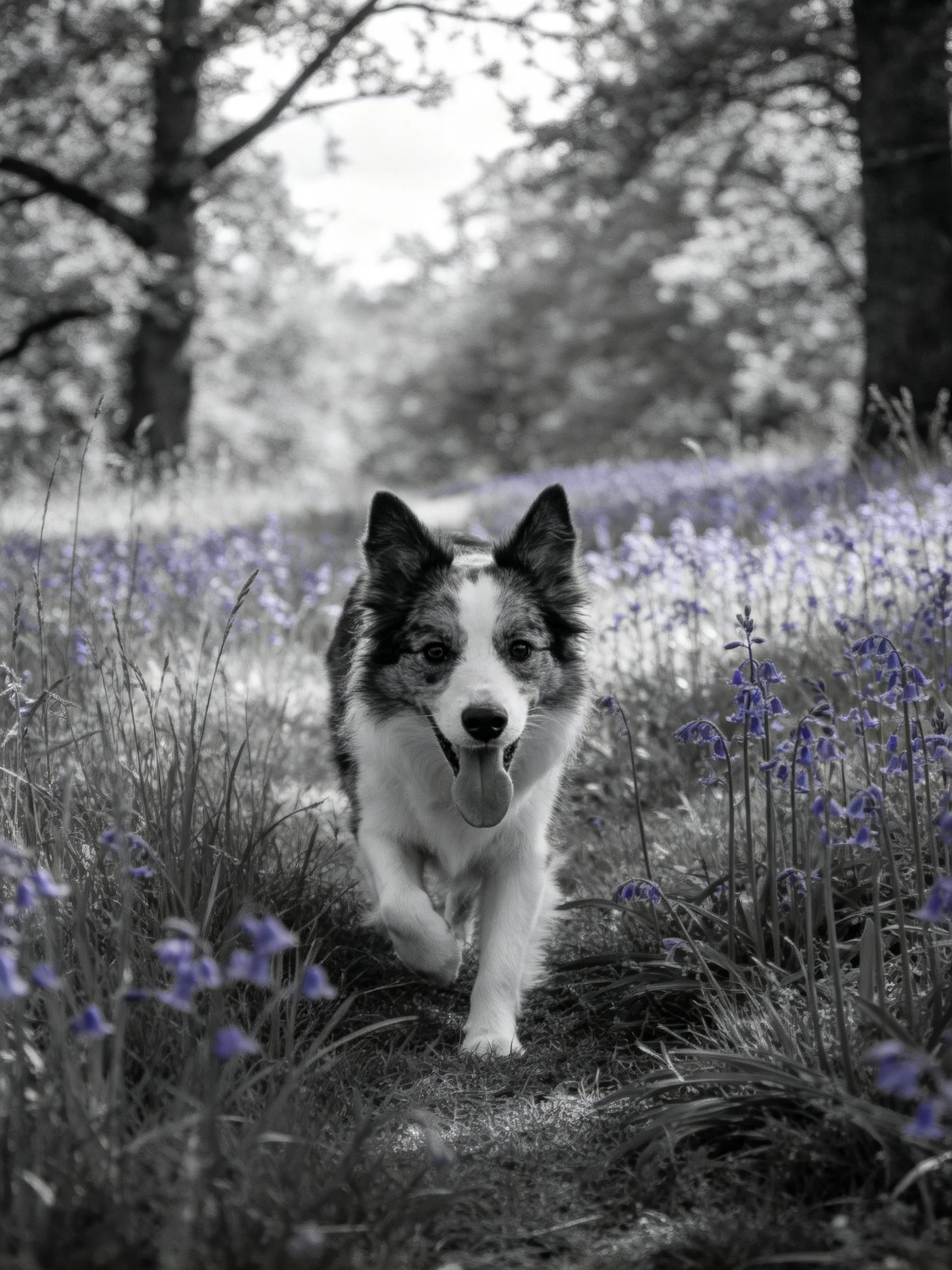 A dog running through a forest clearing with bluebell flowers
