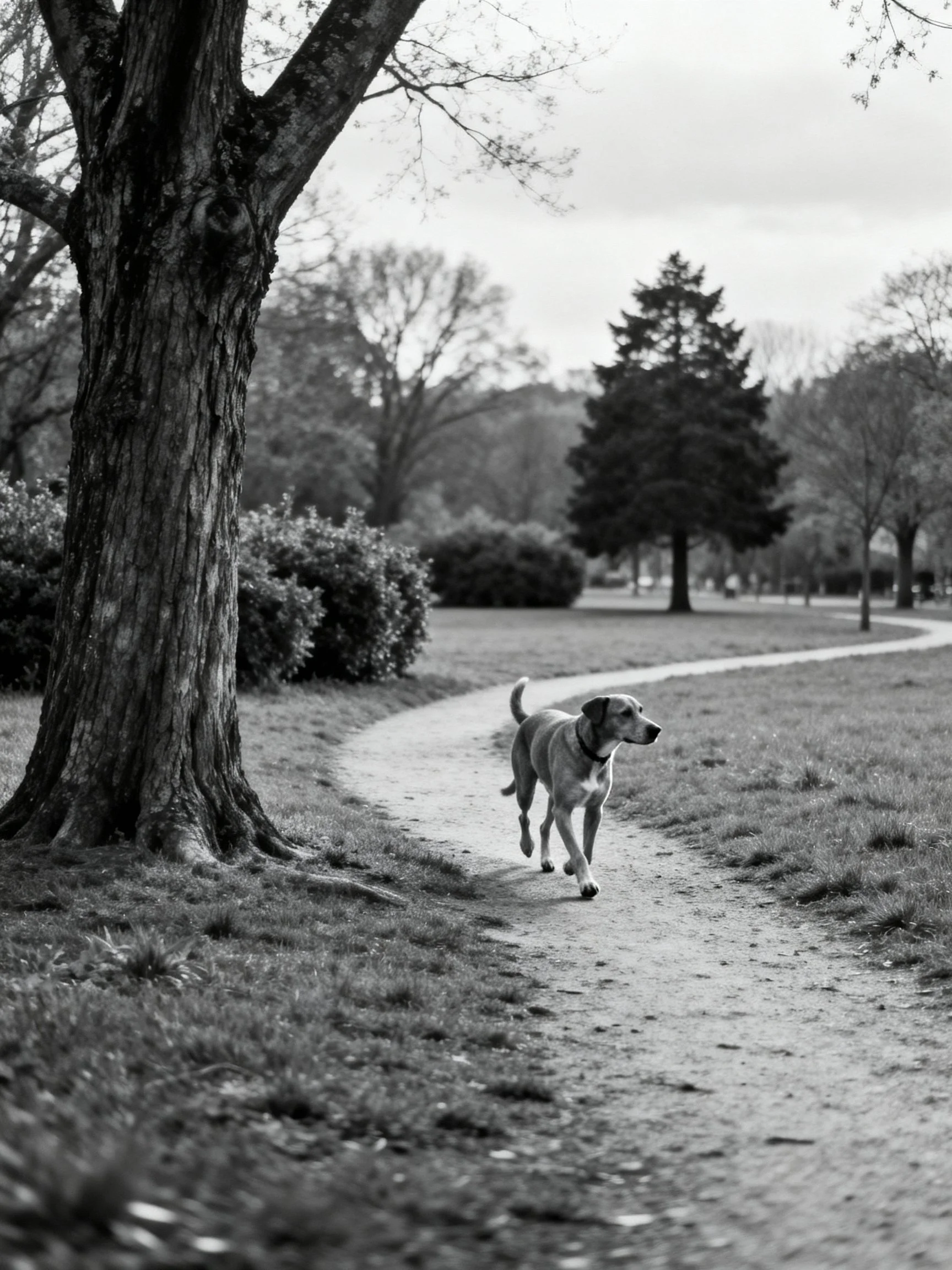 A dog runs along a winding park path near large trees