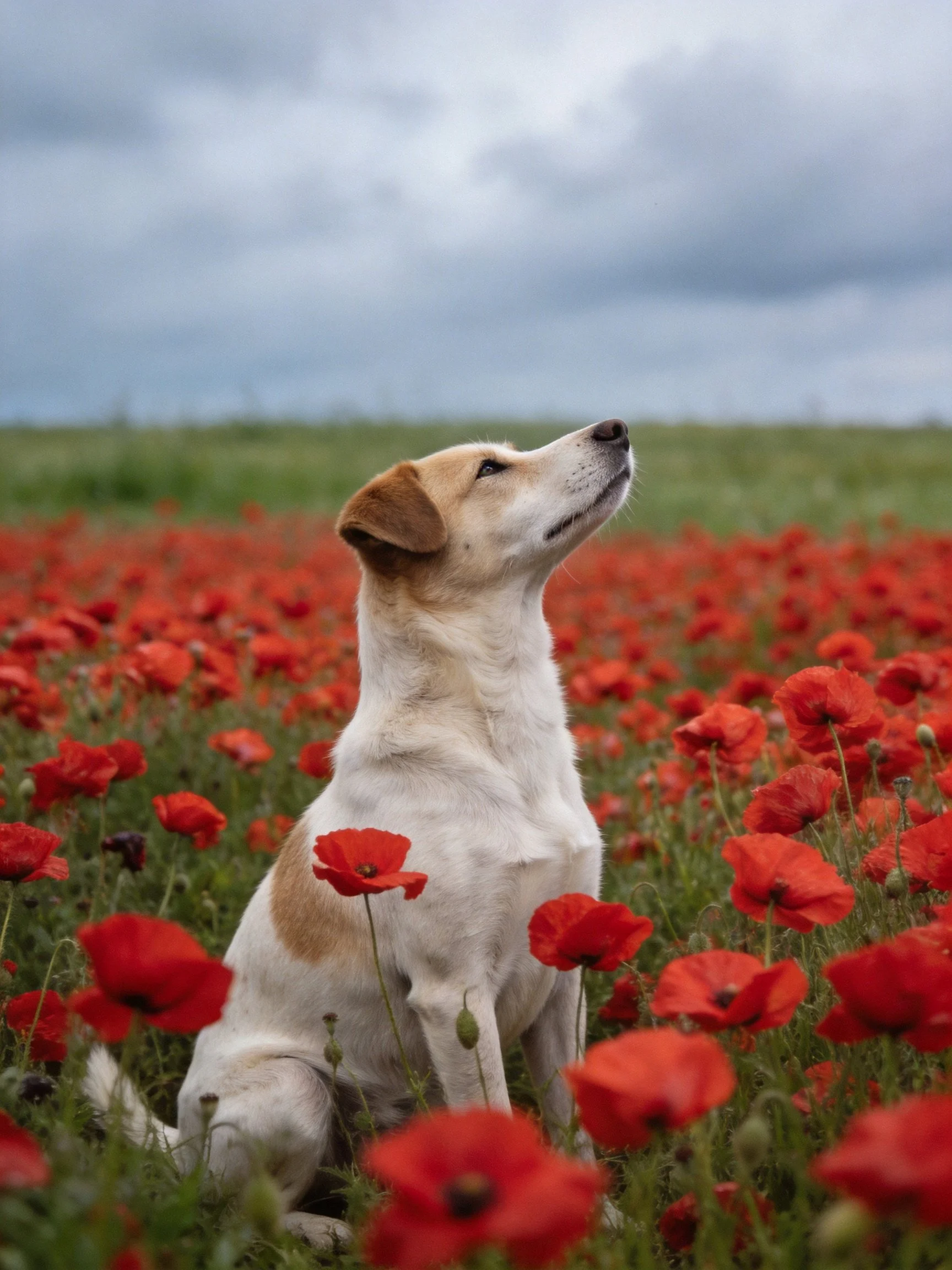 A dog rests in a field filled with red poppies under a cloudy sky.