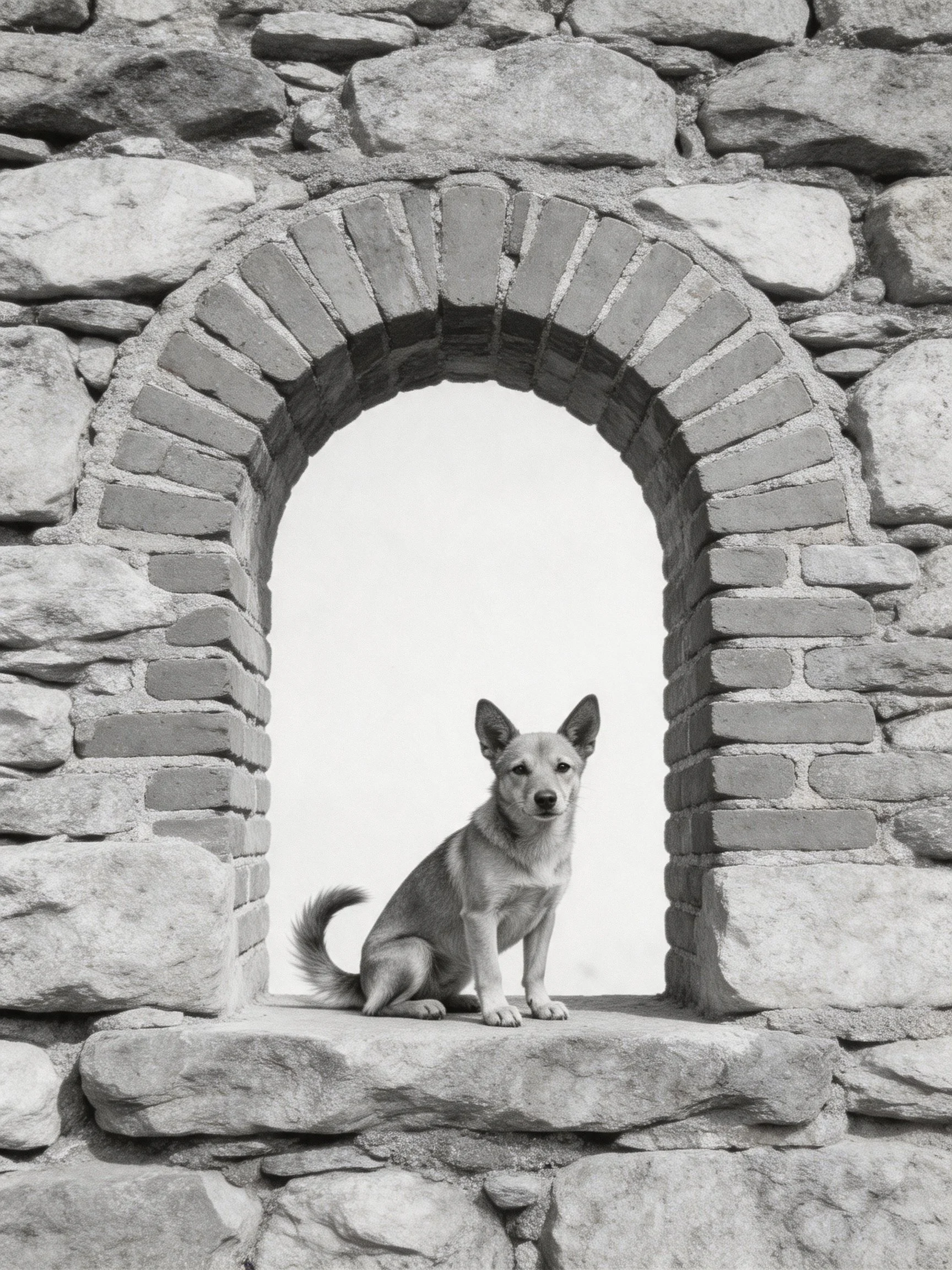 A dog sits inside a brick archway within a stone wall.