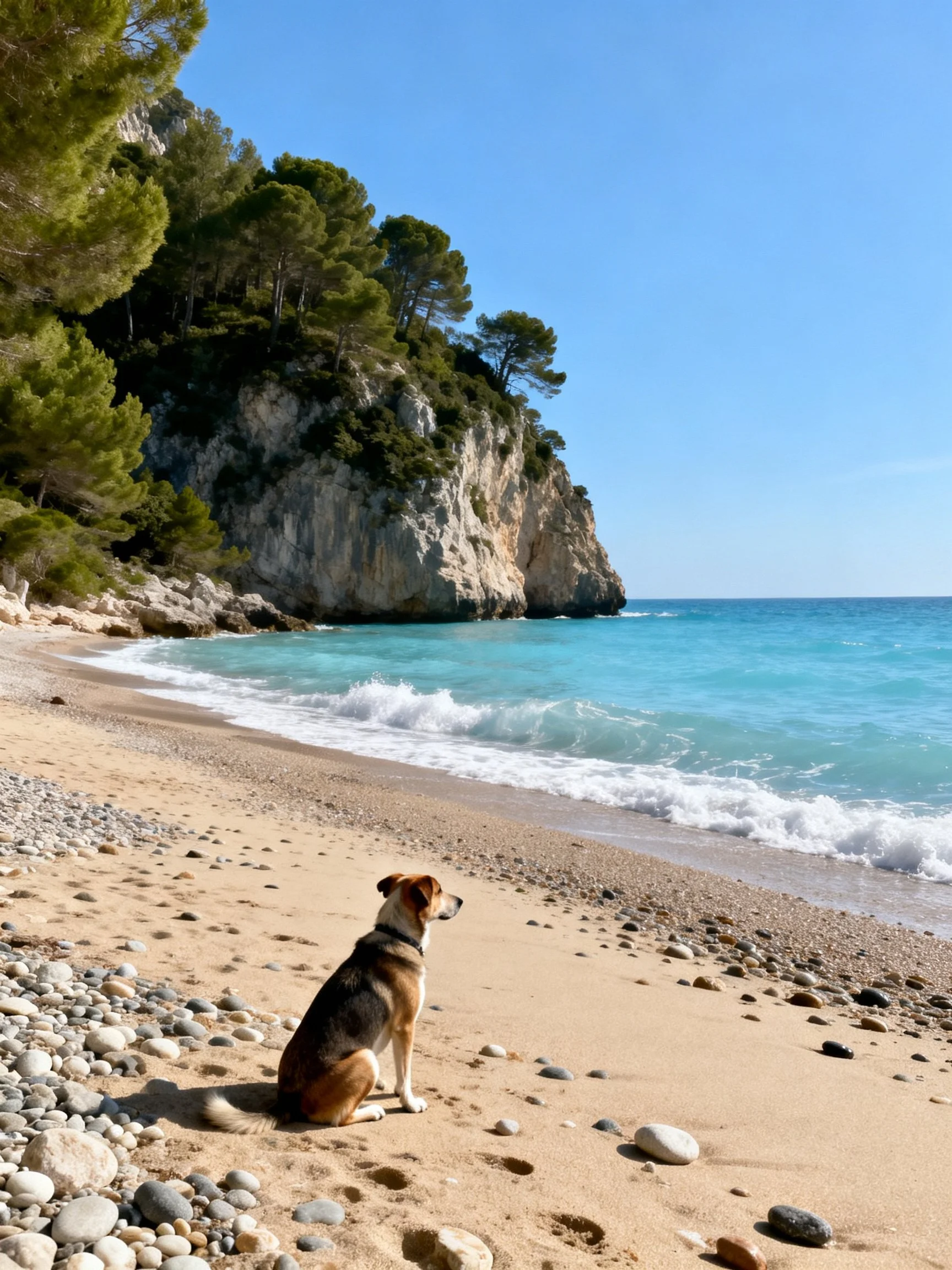 A dog sits on a pebbly sandy beach near turquoise ocean waves
