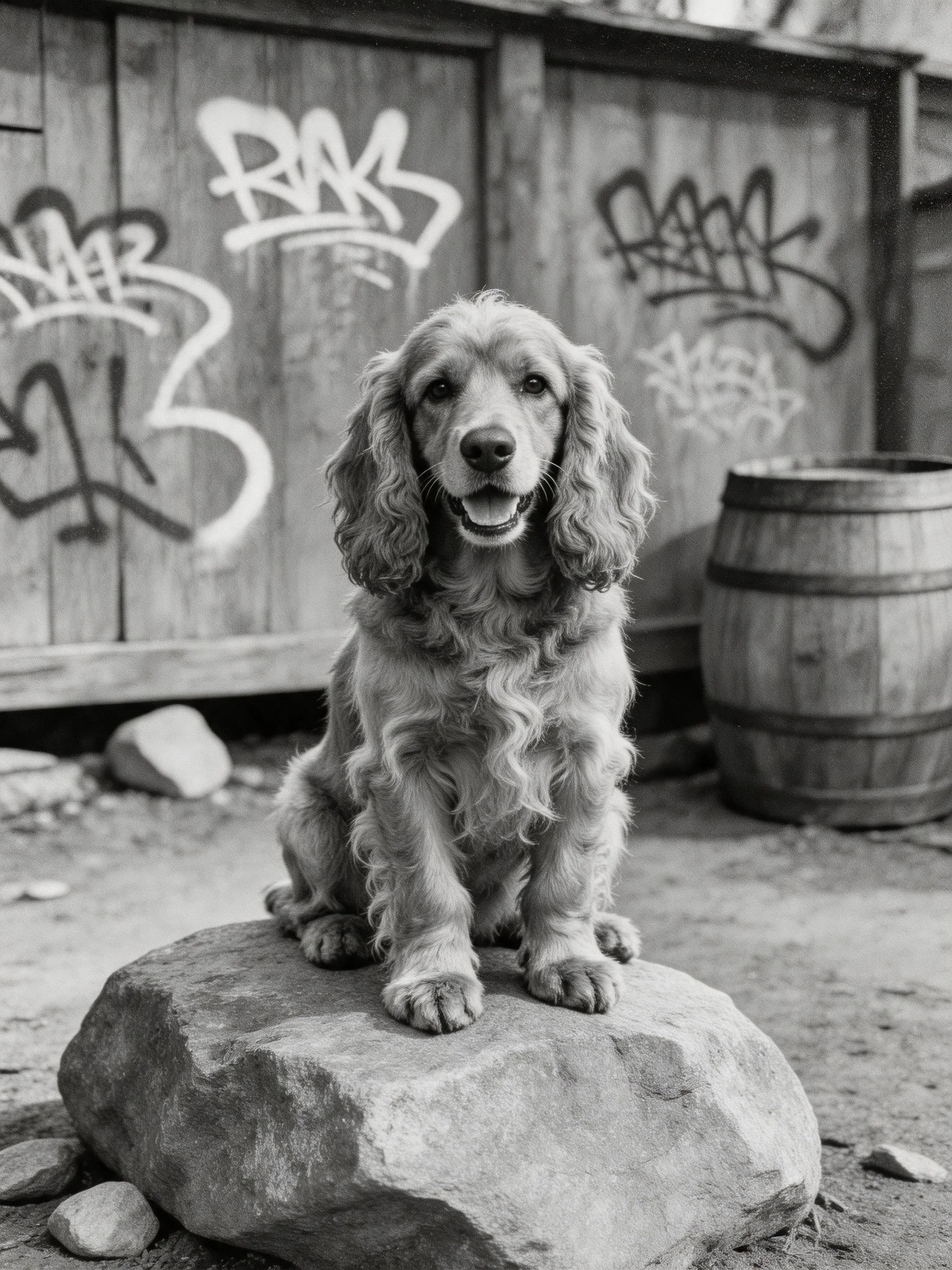 A dog sits on a rock in front of a graffiti-covered wooden fence with a barrel