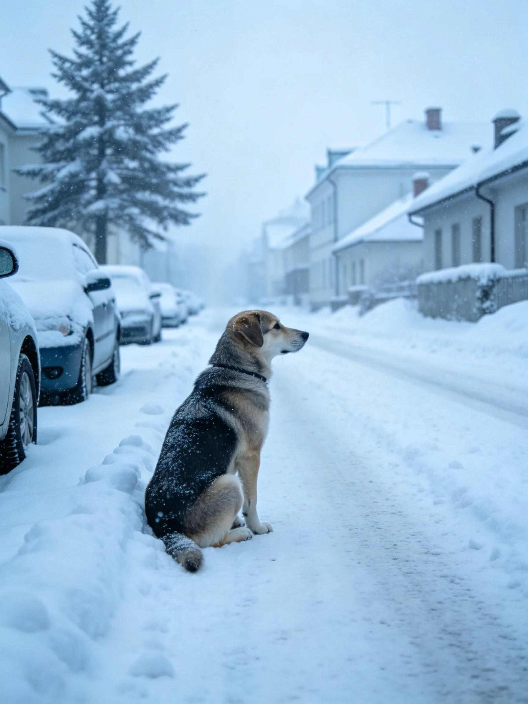 A dog sits on a snow-covered street with parked cars and houses
