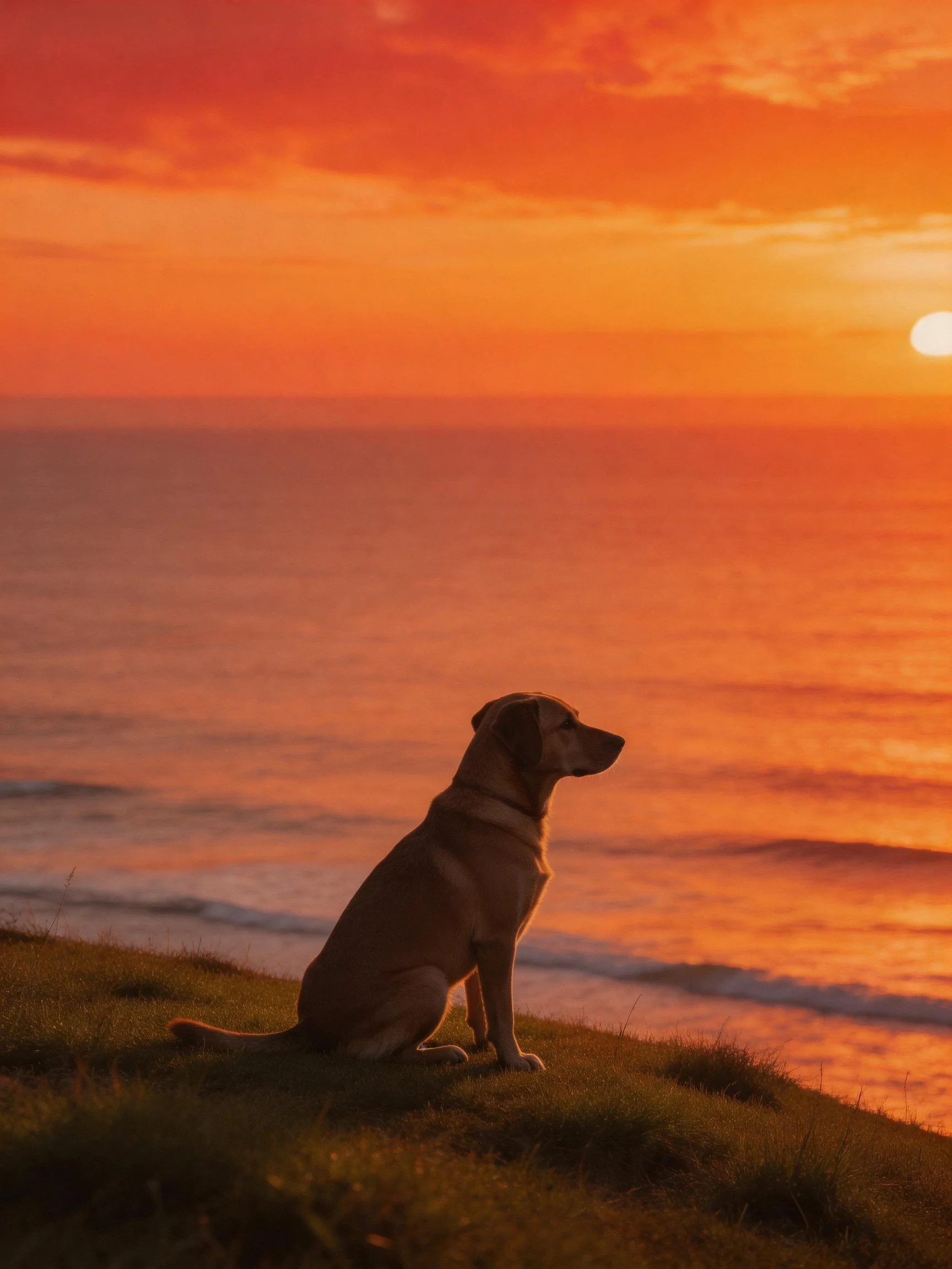 A dog gazes at a vibrant orange ocean sunset from grassy terrain.