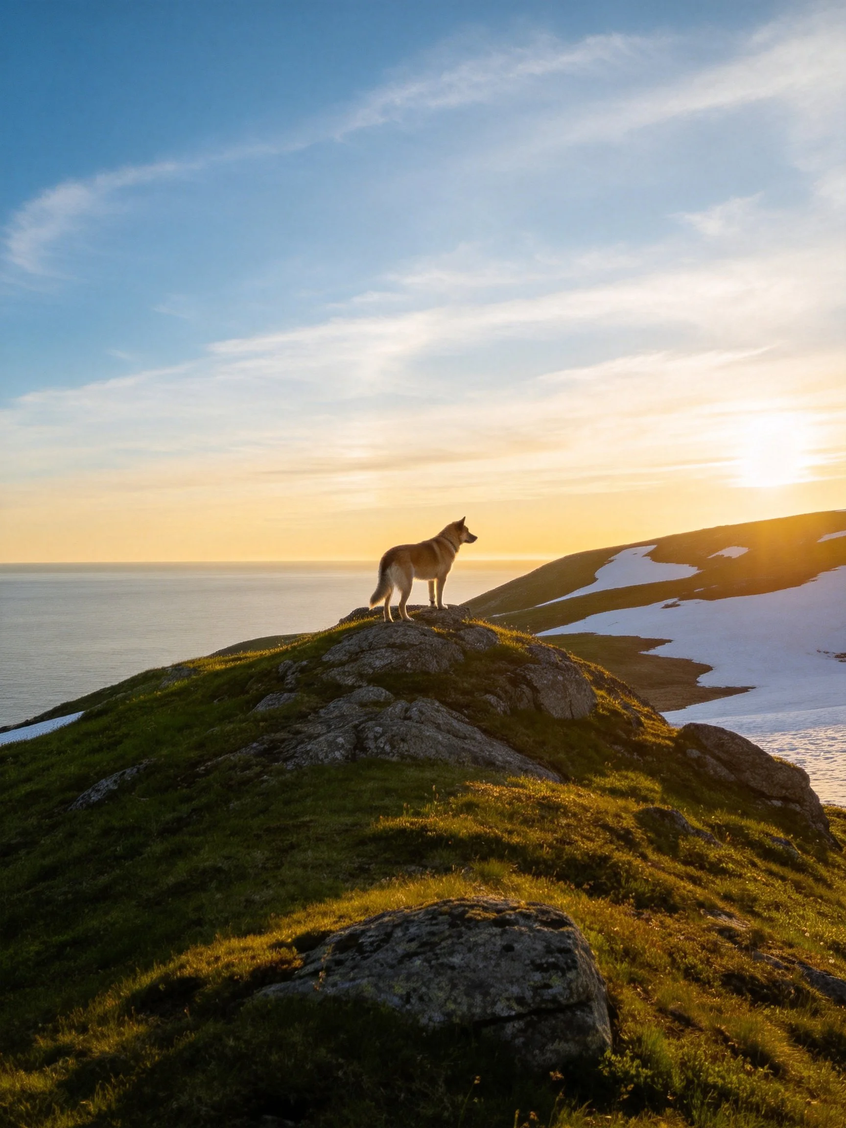 A dog overlooks water and snowy terrain from a hilltop at sunset.