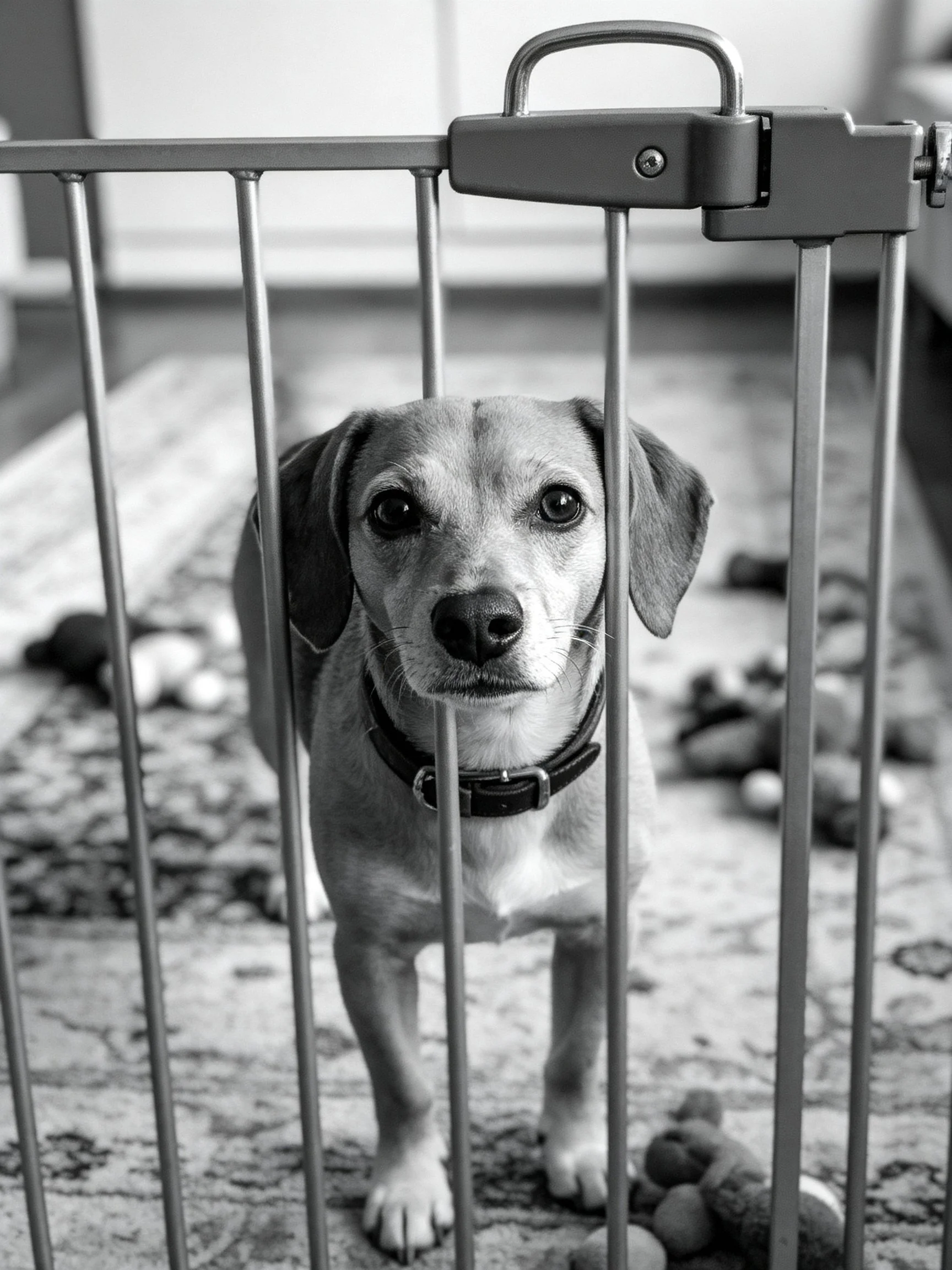 A dog is positioned behind a metal gate in a home with scattered toys.