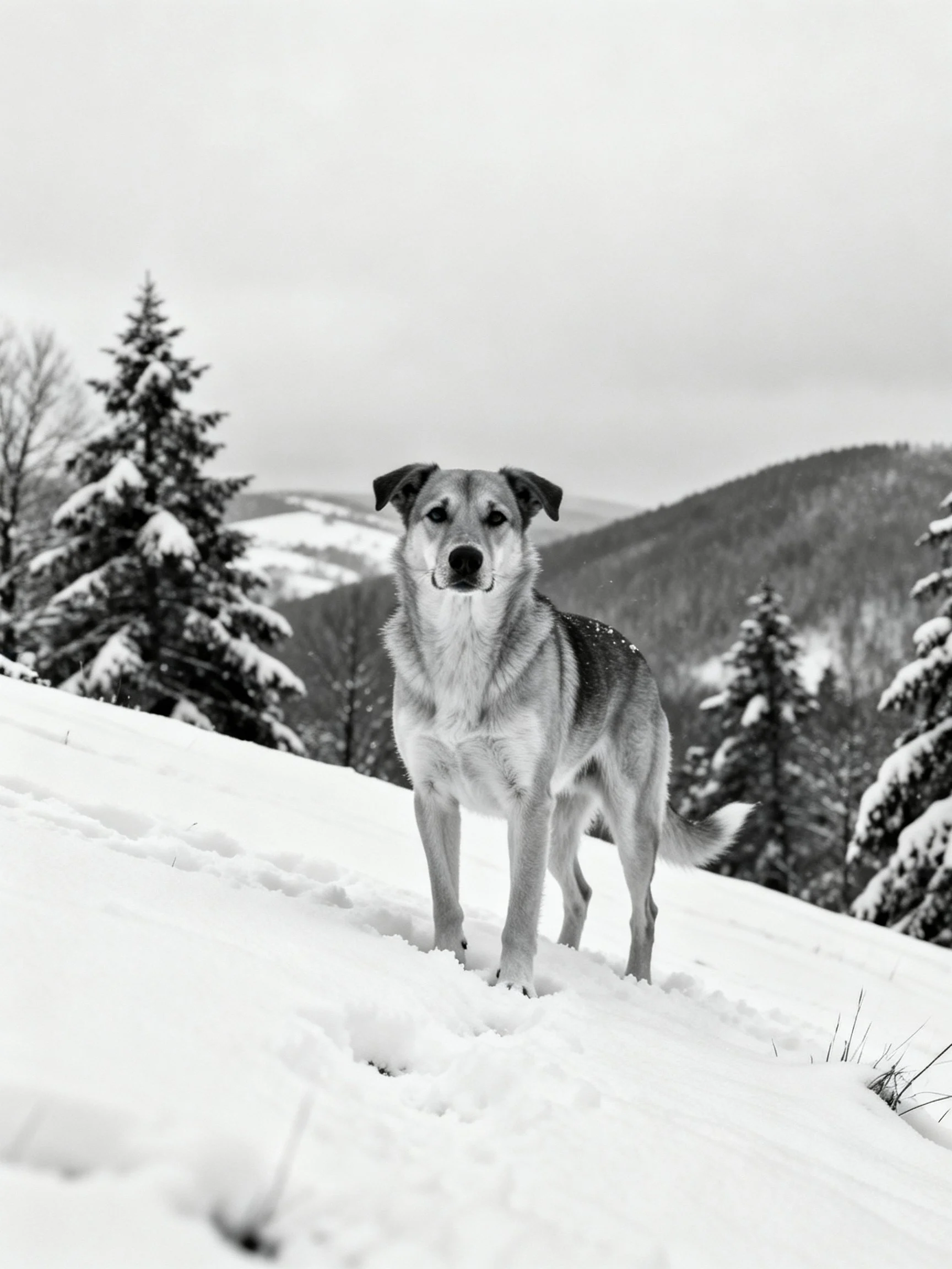 A dog stands in a snow-covered mountainous forest
