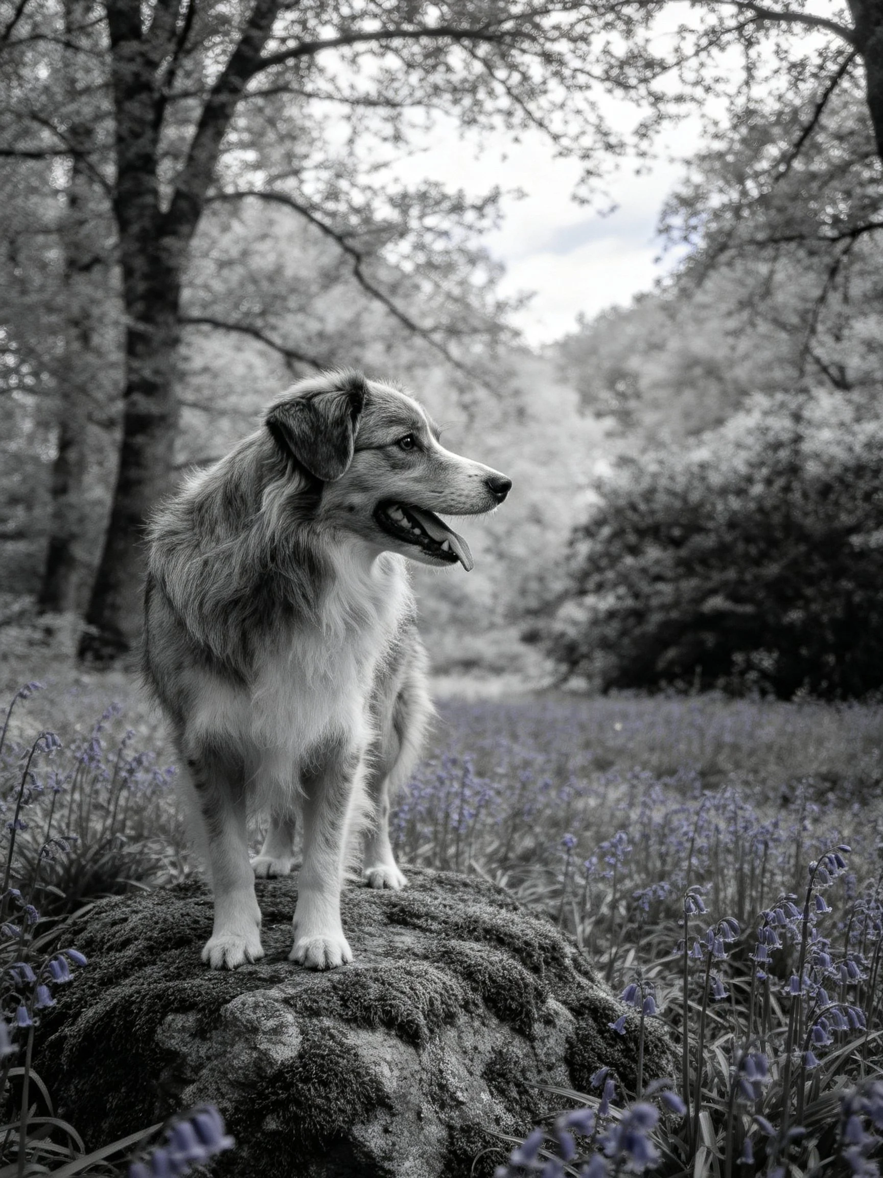 A dog stands on a mossy rock surrounded by bluebells in a wooded area.