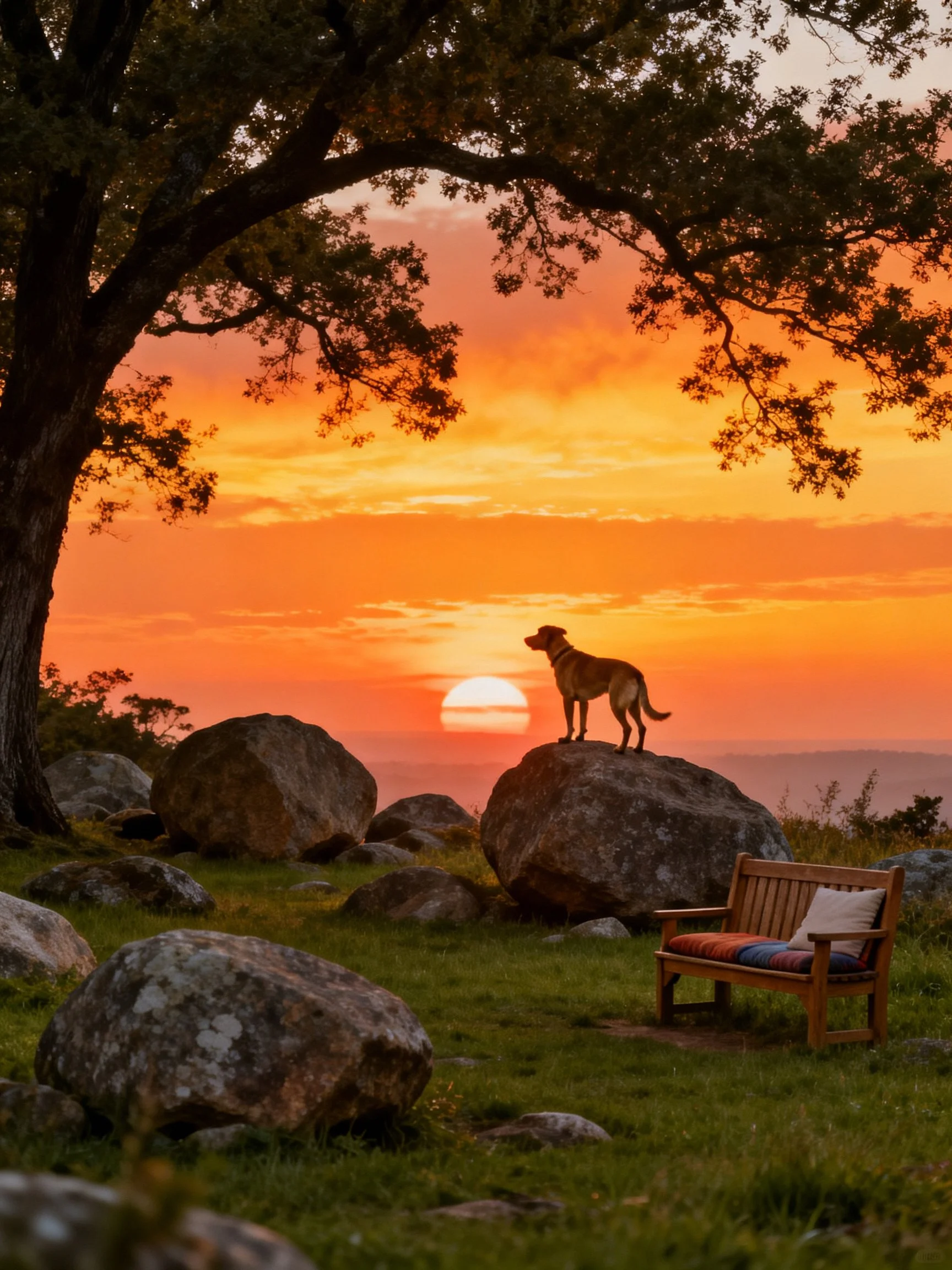 A dog observes a vibrant orange sunset from atop a rock near a wooden bench