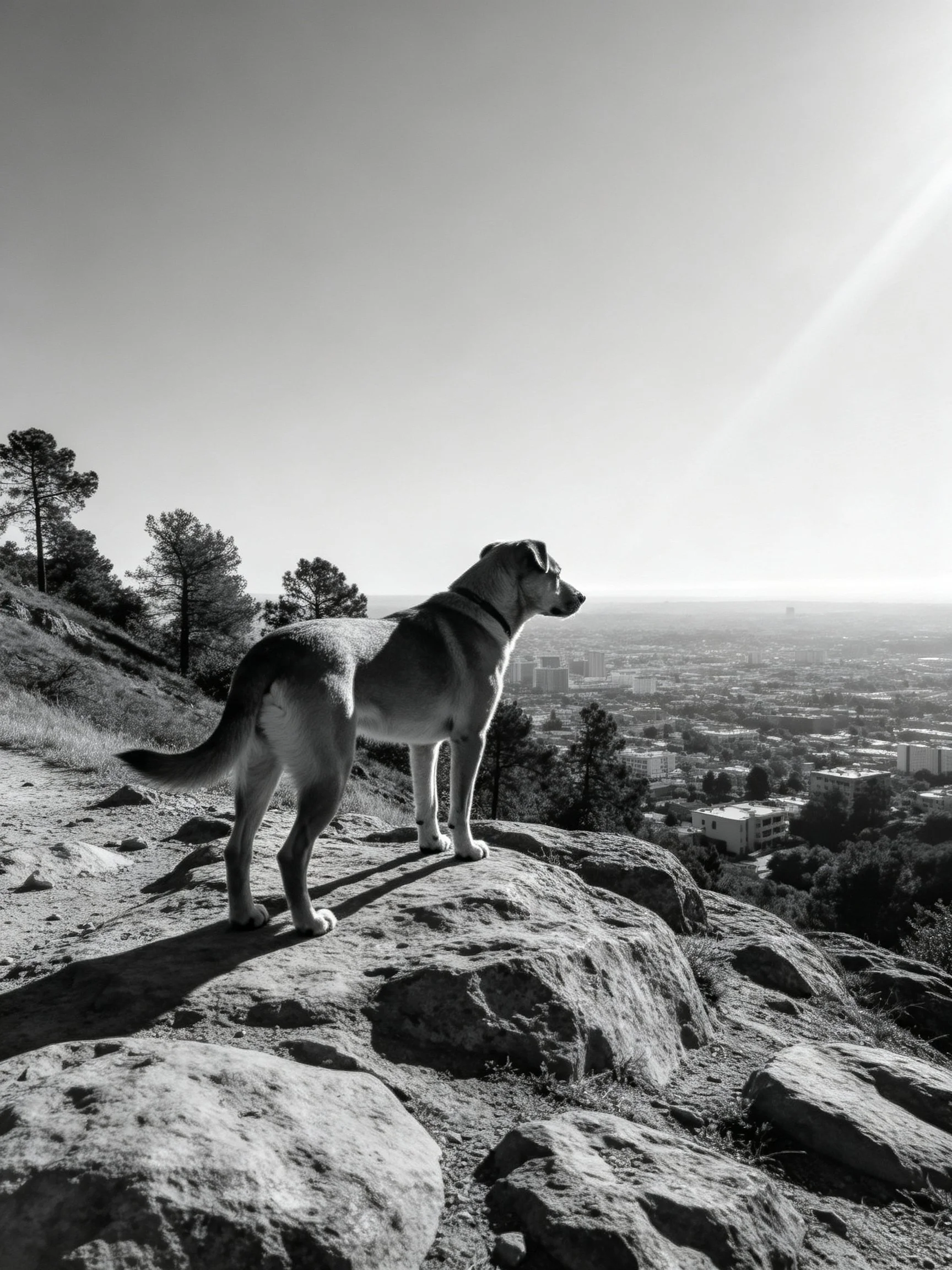 A dog stands on rocky terrain overlooking a sprawling urban landscape