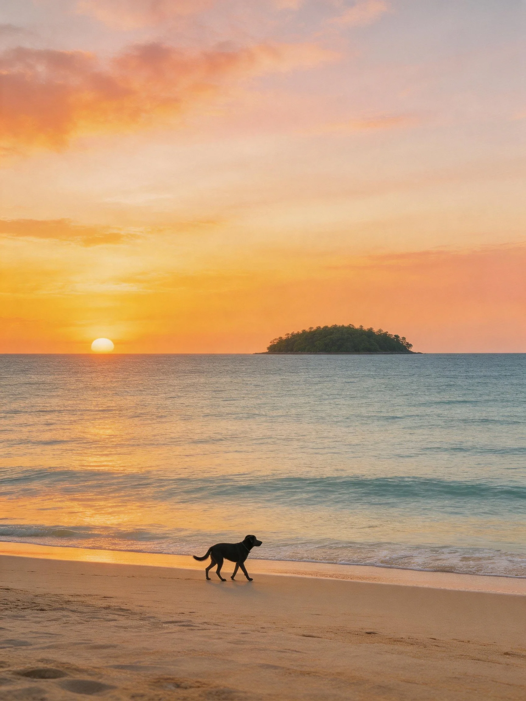 A dog walks along a sandy beach at sunset near a small island