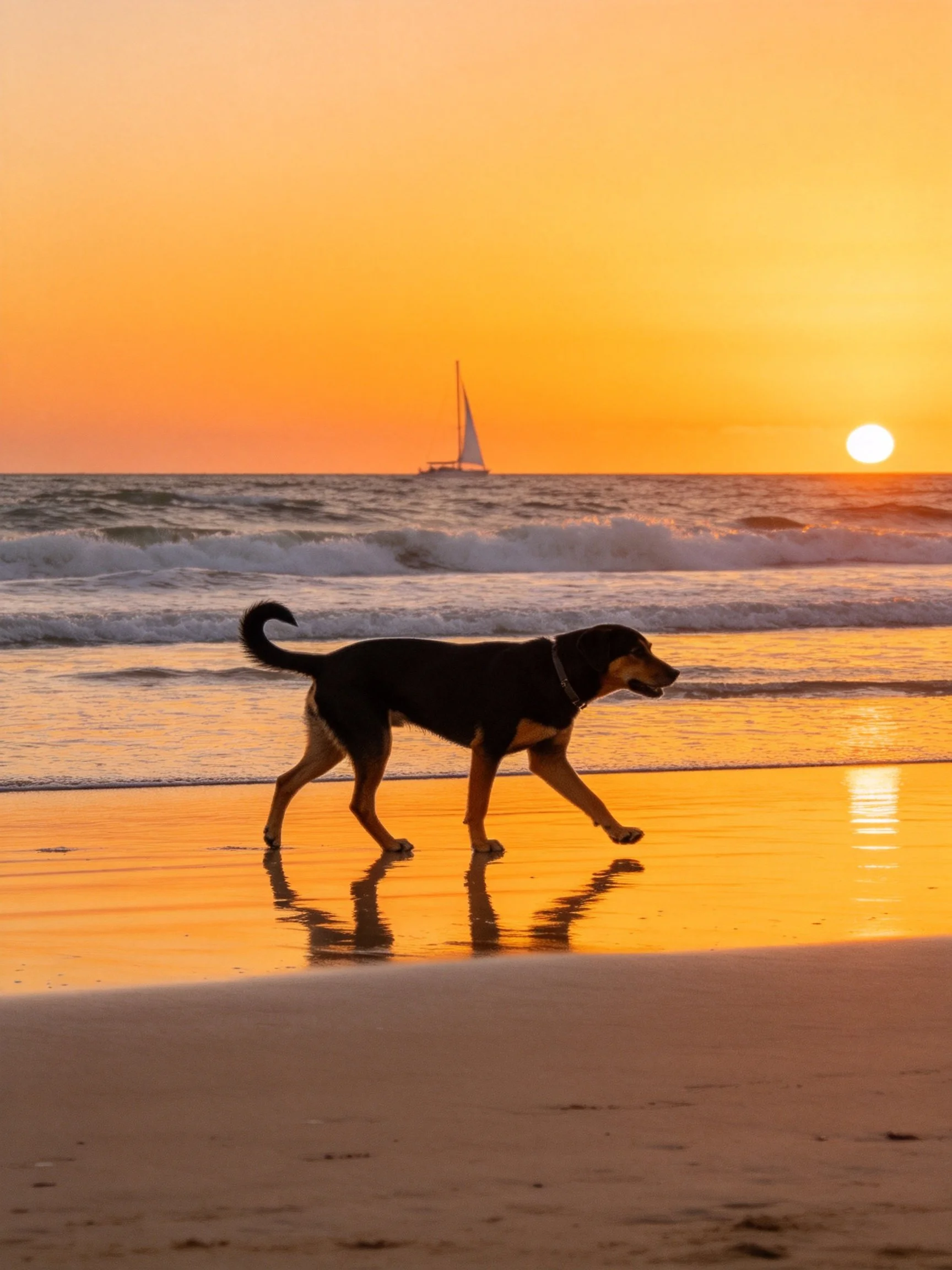 A dog walks on a golden beach at sunset