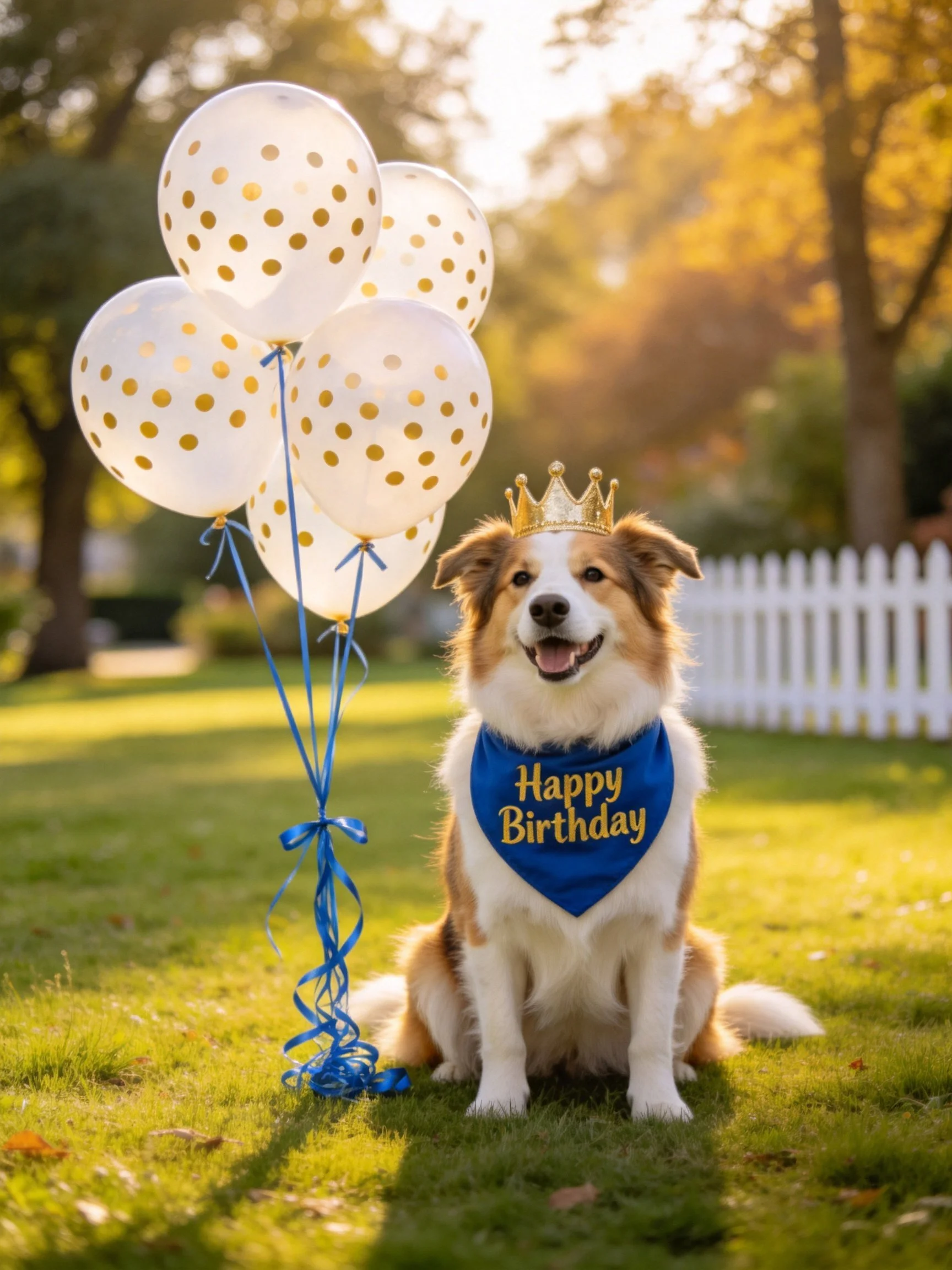 A dog wearing a golden crown sits beside white polka dot birthday balloons in a sunny yard.