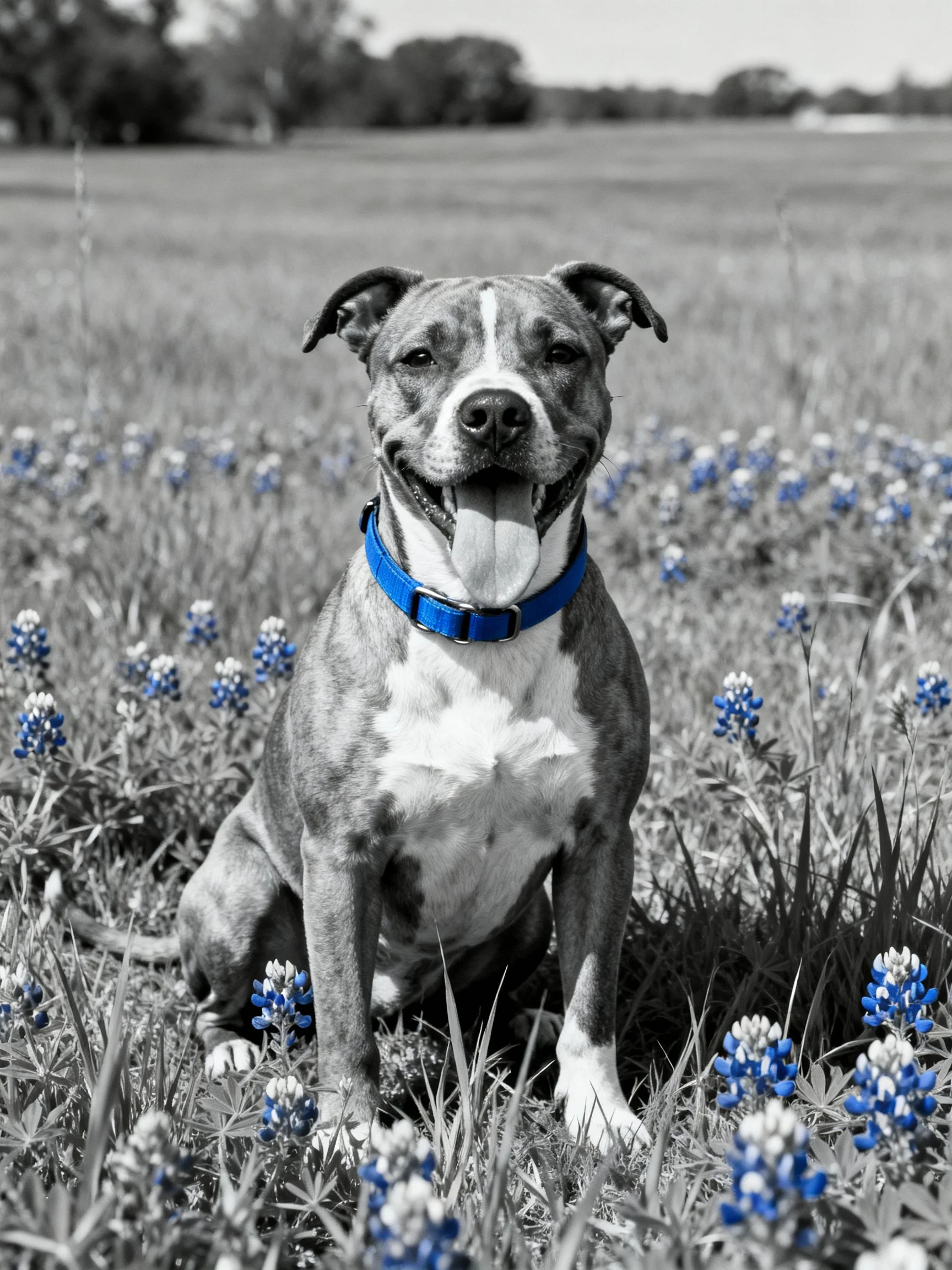 A dog with a blue collar sits among bluebonnets in a grassy field.