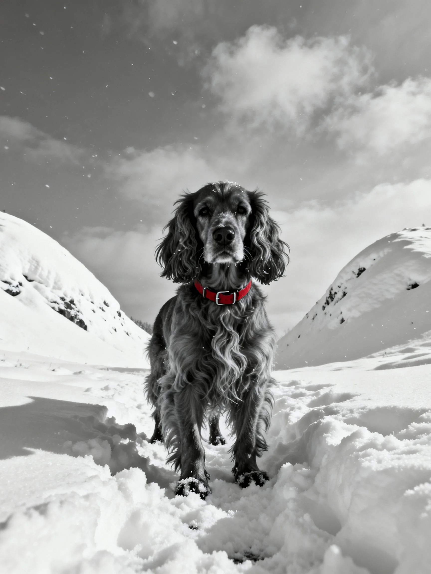 A dog with a red collar stands in a snowy mountain landscape.