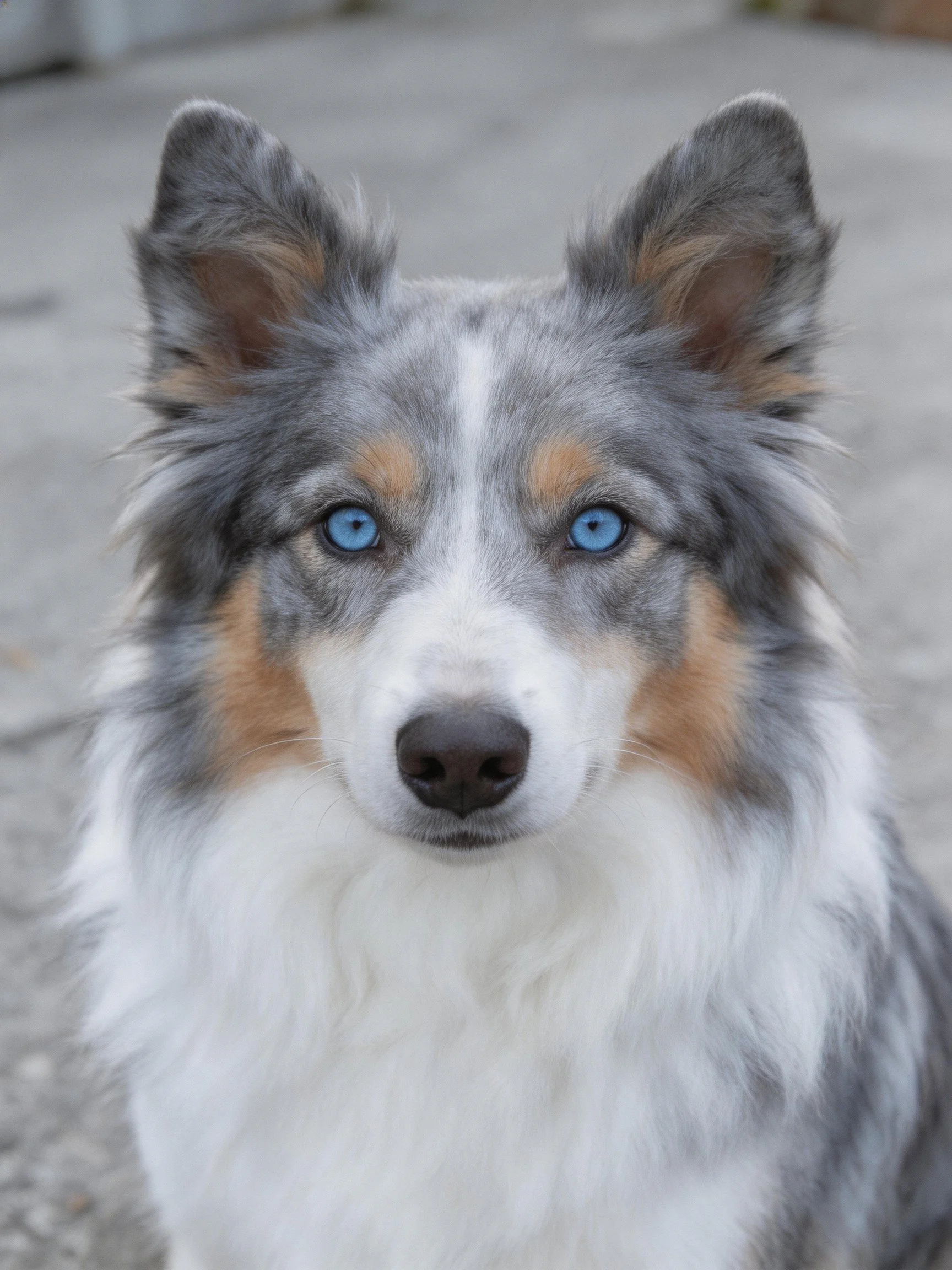 A dog with bright blue eyes and multicolored fur is shown up close.