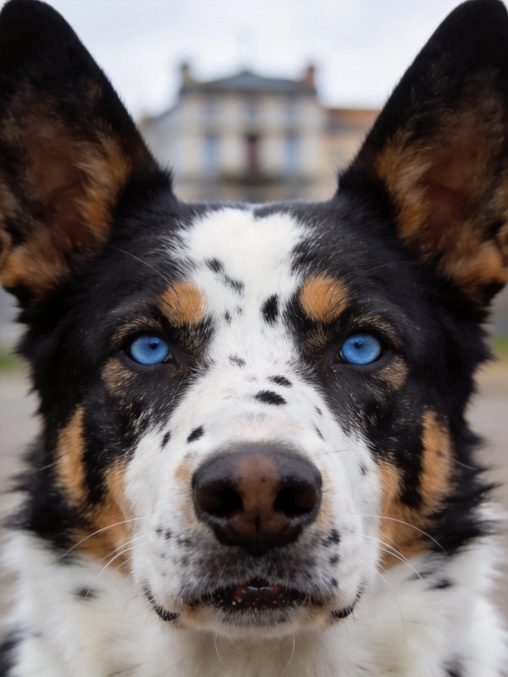 A dog with blue eyes and tri - colored fur, large upright ears
