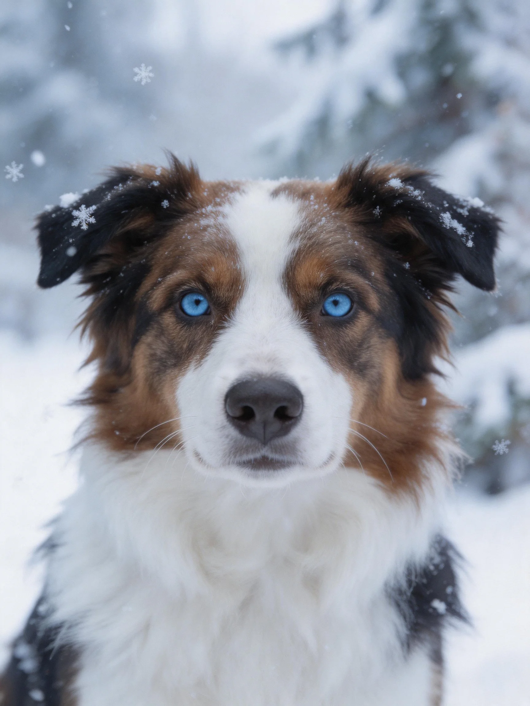 A dog with striking blue eyes is depicted in a snowy landscape with falling snowflakes.