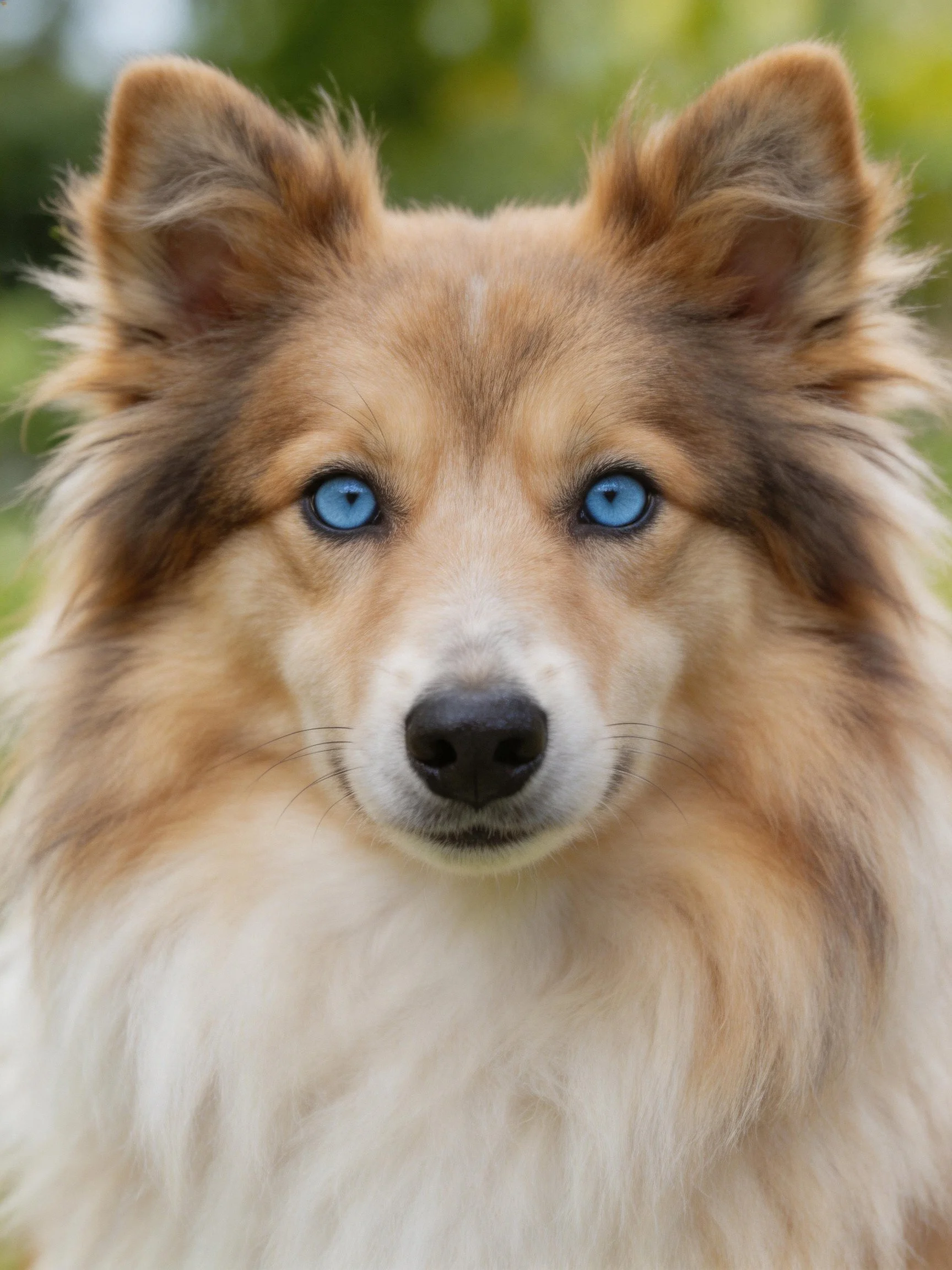 A dog with bright blue eyes and long fur gazes directly at the viewer.