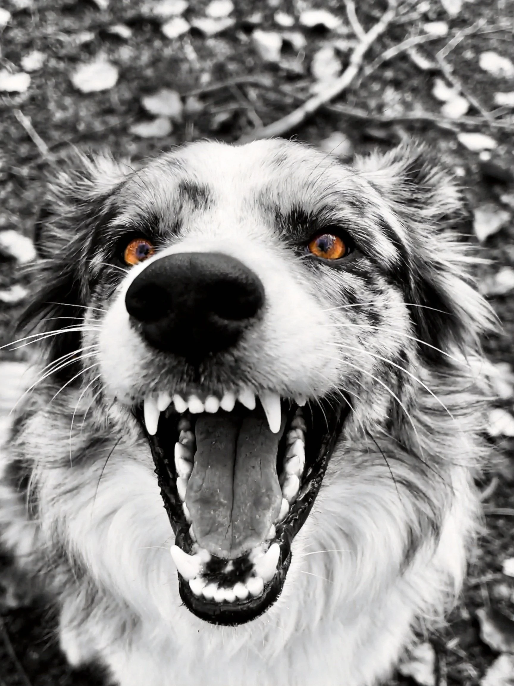 A dog displays its teeth with orange eyes in a mostly black and white photograph.