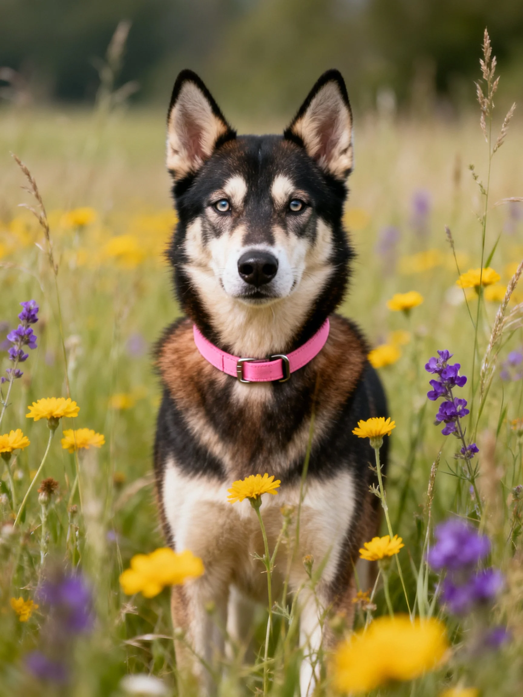 A dog with pink collar standing among yellow and purple wildflowers