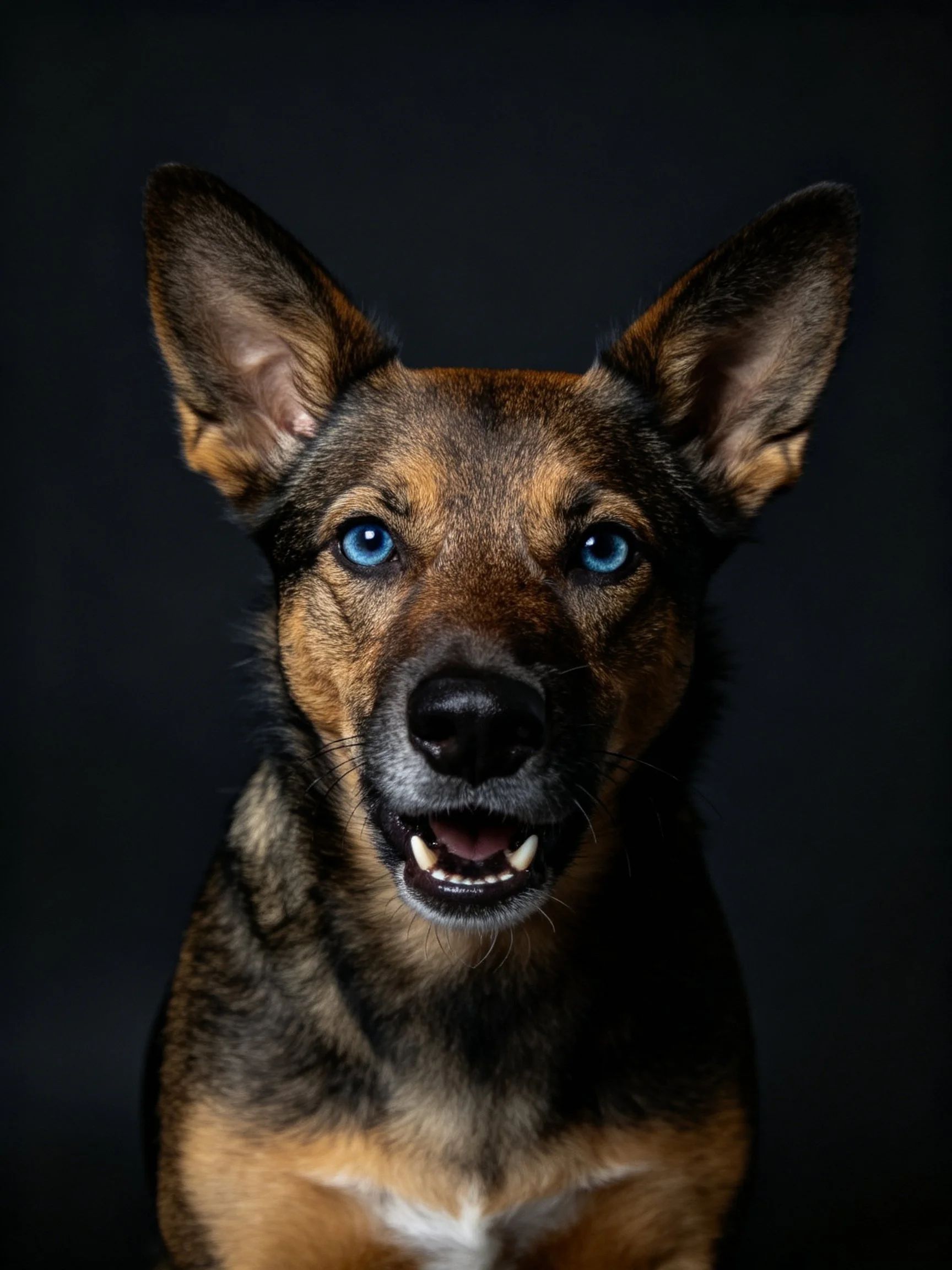 A close - up portrait of a dog with blue eyes and tan - black fur set against a dark background.